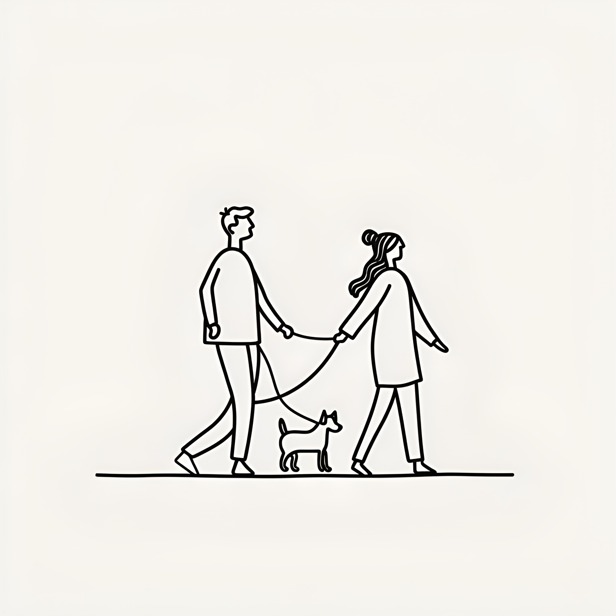 Couple walking dog together Drawing Idea (free black-and-white line drawing printable PDF for all, from beginners to advanced learners, including children, teens, adults, and seniors)