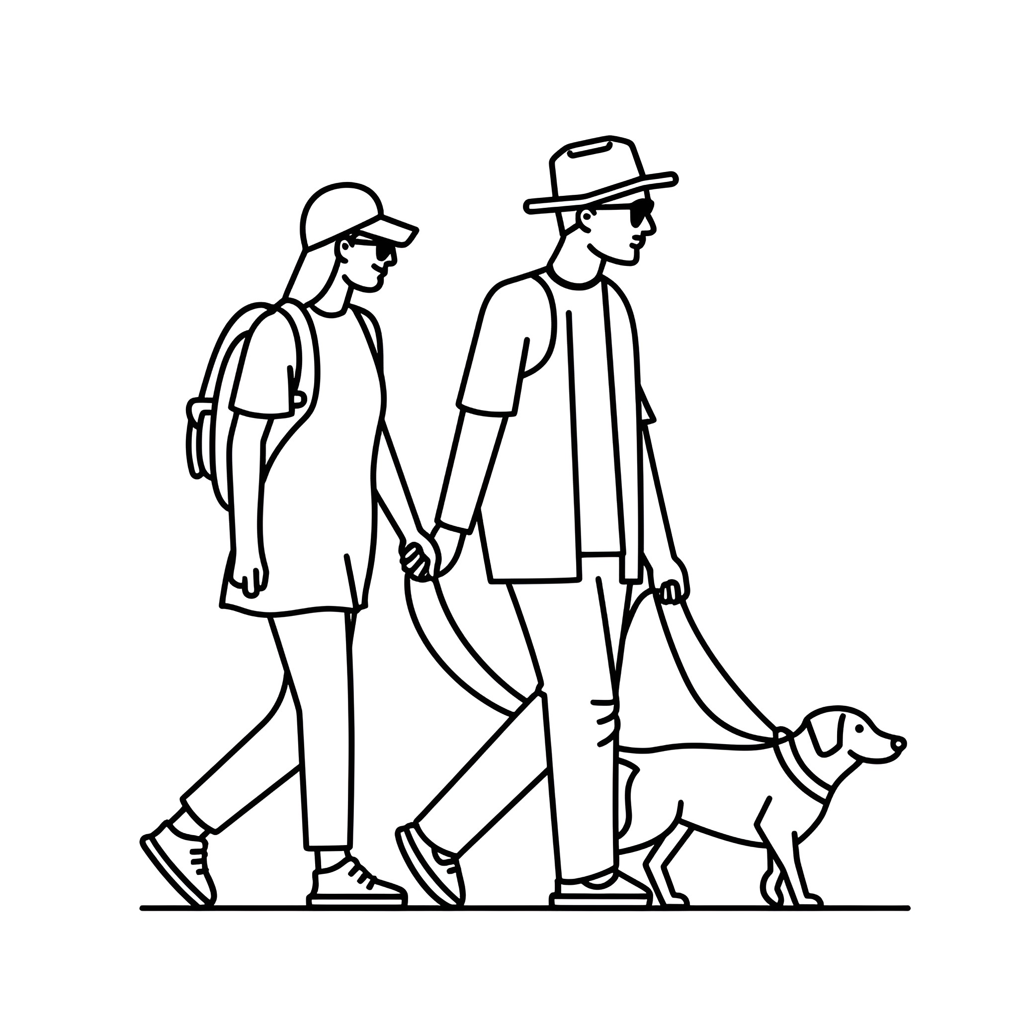 Couple walking dogs on a stroll Drawing Idea (free black-and-white line drawing printable PDF for all, from beginners to advanced learners, including children, teens, adults, and seniors)