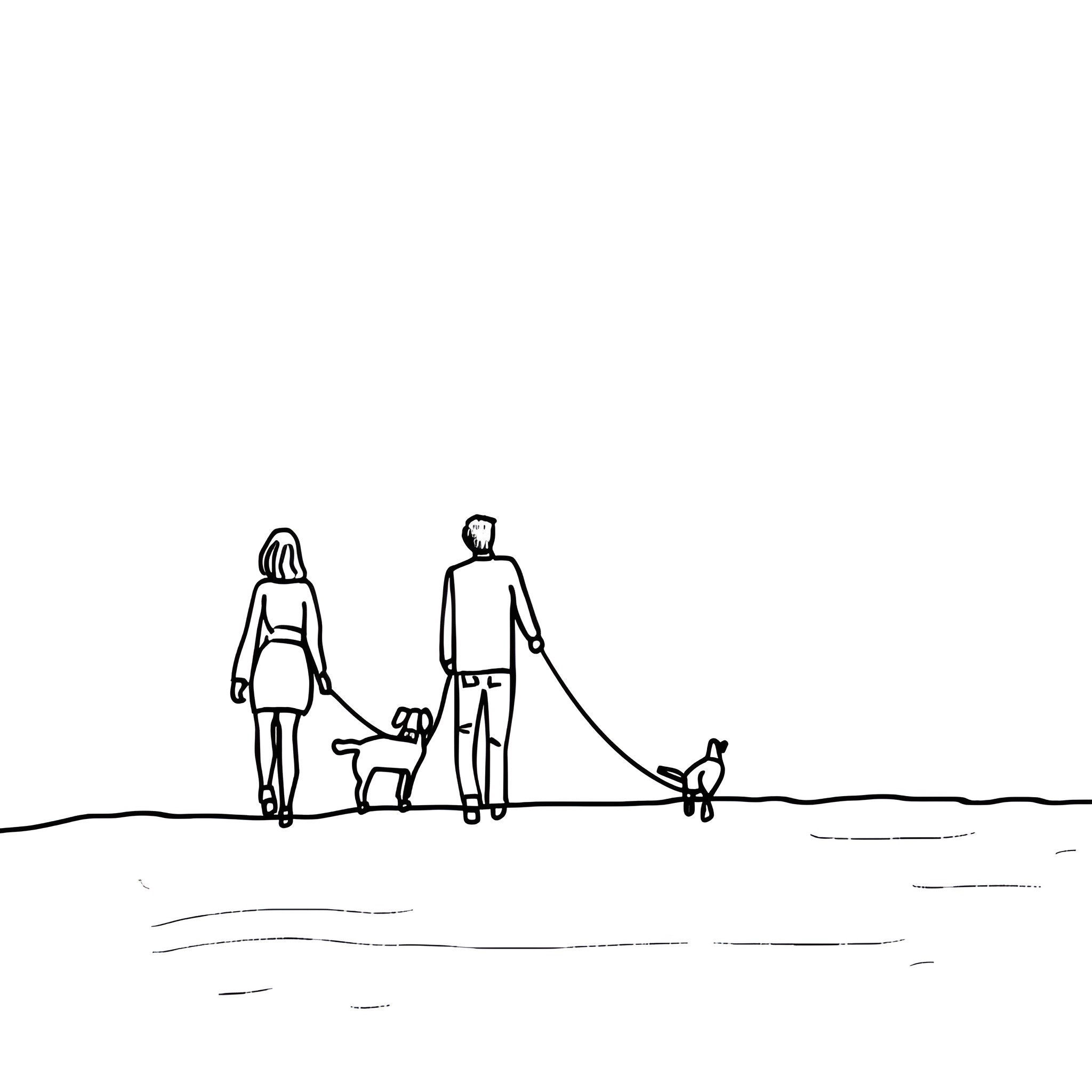 Couple walking dogs together Drawing Idea (free black-and-white line drawing printable PDF for all, from beginners to advanced learners, including children, teens, adults, and seniors)