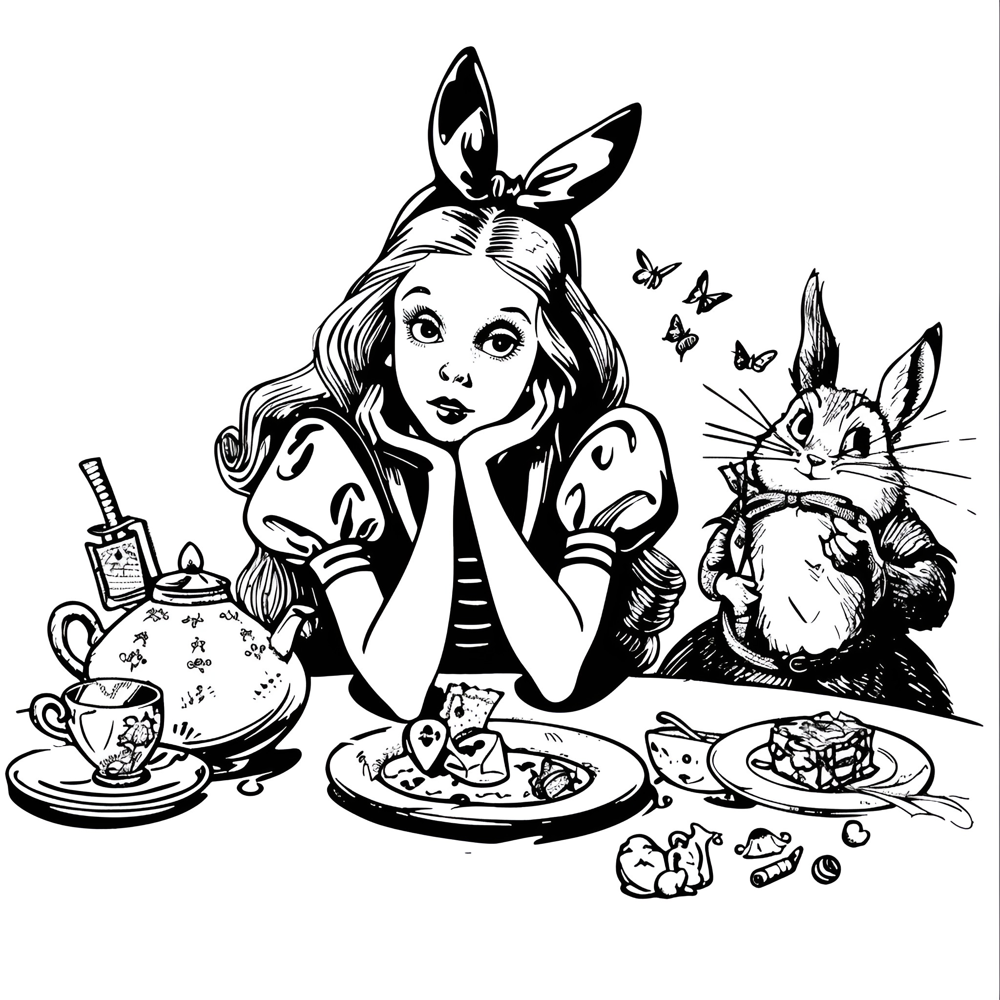 Alice In Wonderland's curious tea party Drawing Idea (free black-and-white line drawing printable PDF for all, from beginners to advanced learners, including children, teens, adults, and seniors)