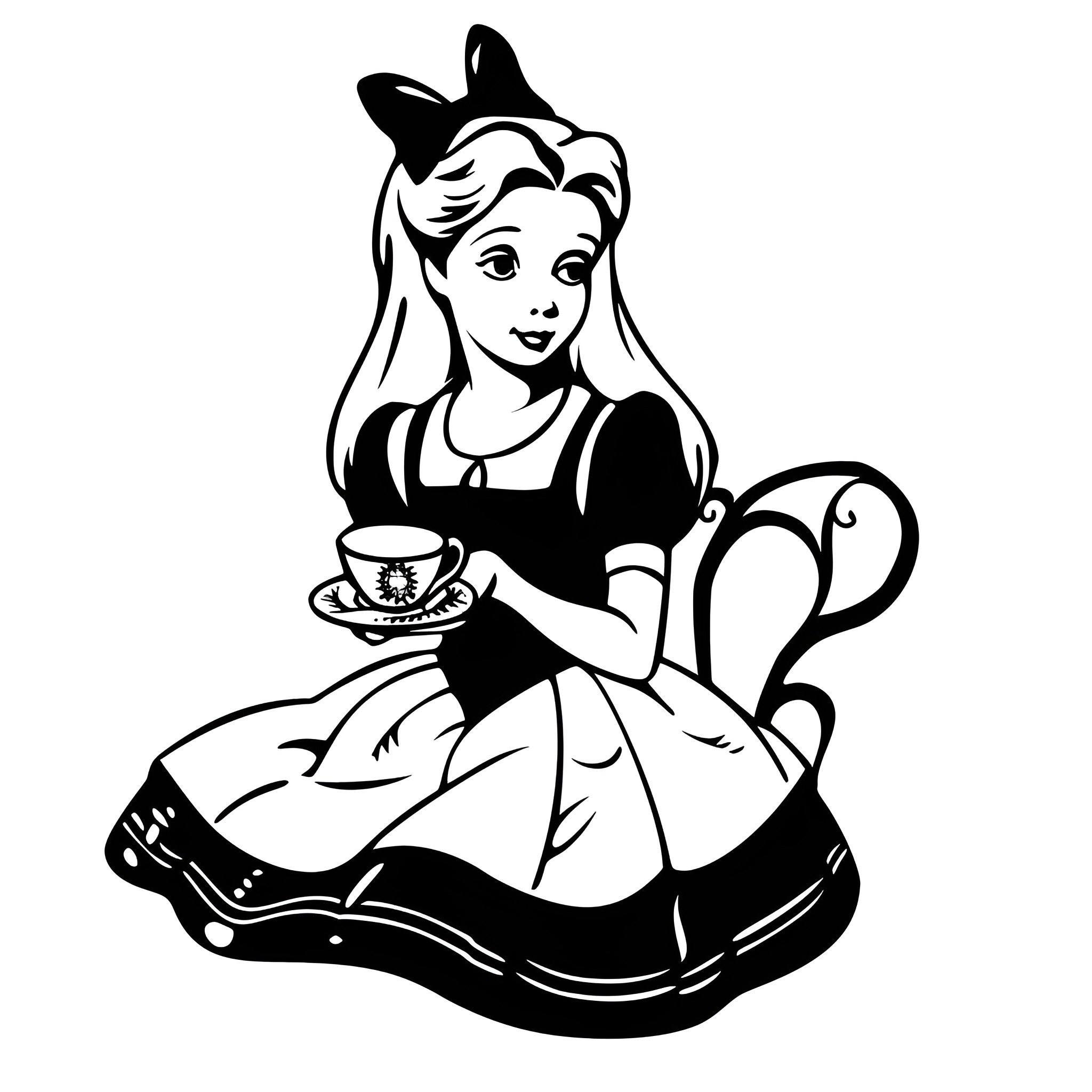 Alice In Wonderland serving tea Drawing Idea (free black-and-white line drawing printable PDF for all, from beginners to advanced learners, including children, teens, adults, and seniors)