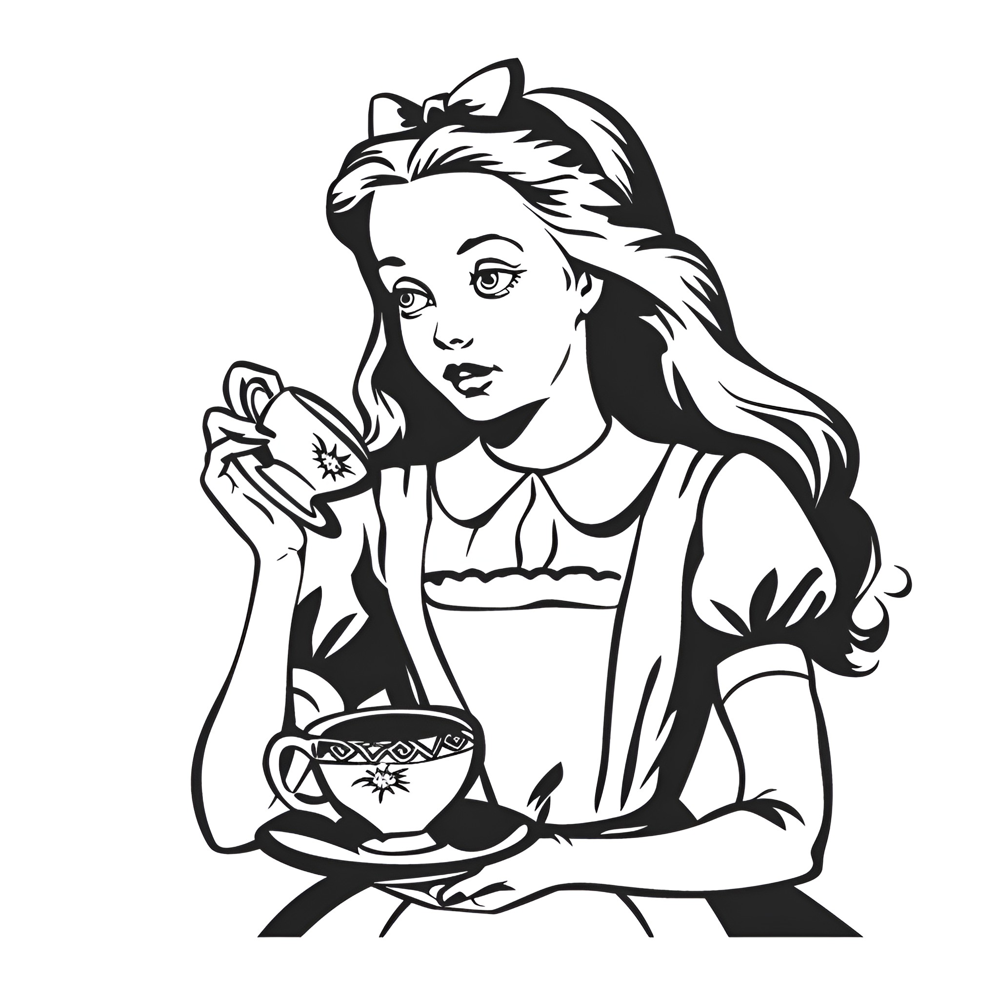 Alice In Wonderland drinking tea with curiosity Drawing Idea (free black-and-white line drawing printable PDF for all, from beginners to advanced learners, including children, teens, adults, and seniors)