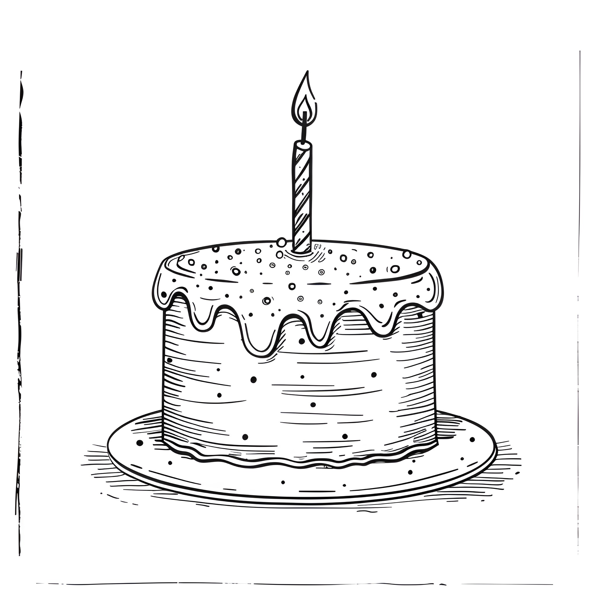 Birthday Card with Decorated Cake Drawing Idea (free black-and-white line drawing printable PDF for all, from beginners to advanced learners, including children, teens, adults, and seniors)