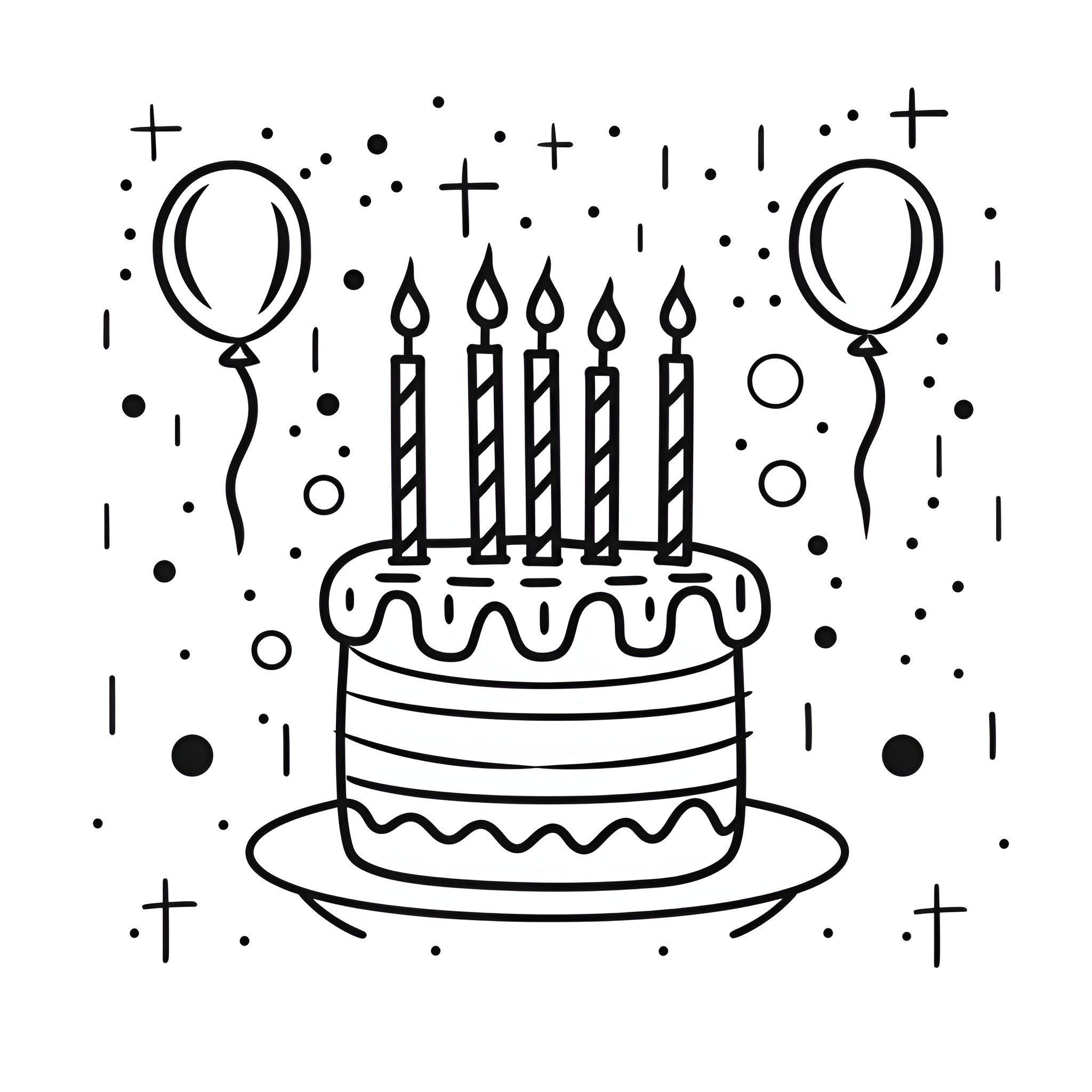 Birthday Card with festive cake and decorations Drawing Idea (free black-and-white line drawing printable PDF for all, from beginners to advanced learners, including children, teens, adults, and seniors)