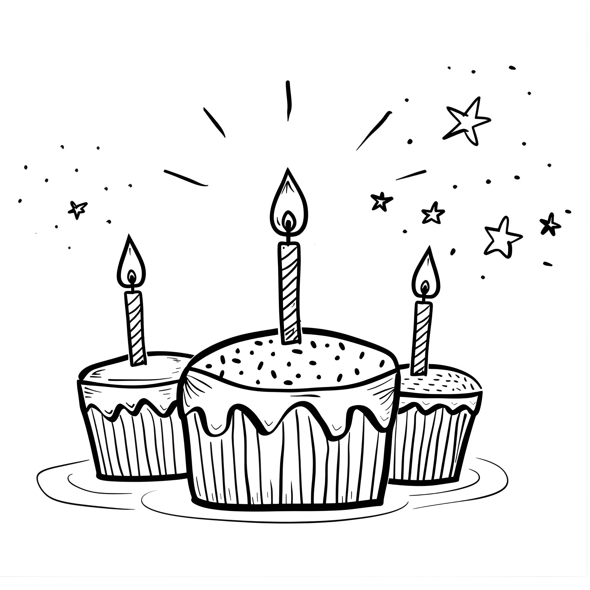 Birthday Card Cupcakes with Candles Drawing Idea (free black-and-white line drawing printable PDF for all, from beginners to advanced learners, including children, teens, adults, and seniors)