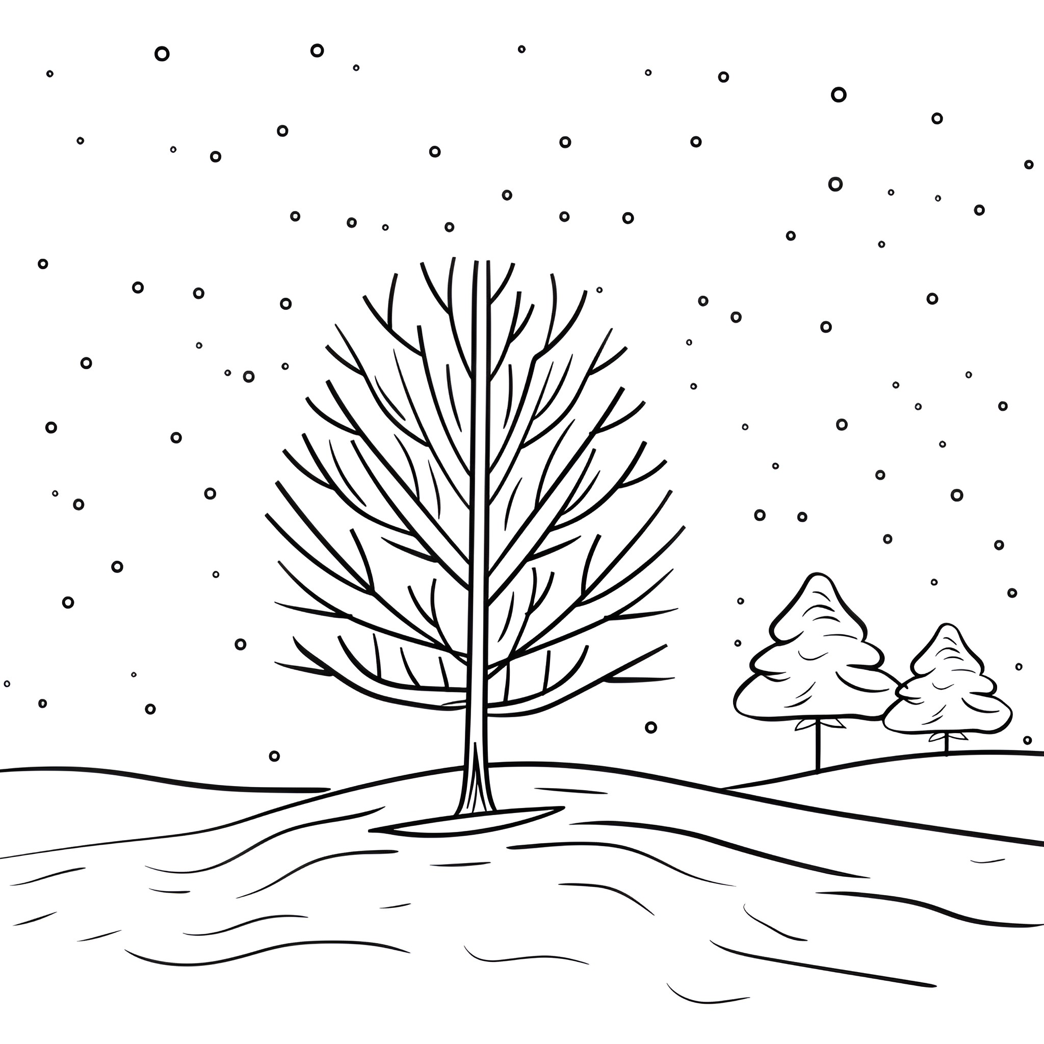 Winter landscape with bare tree Drawing Idea (free black-and-white line drawing printable PDF for all, from beginners to advanced learners, including children, teens, adults, and seniors)