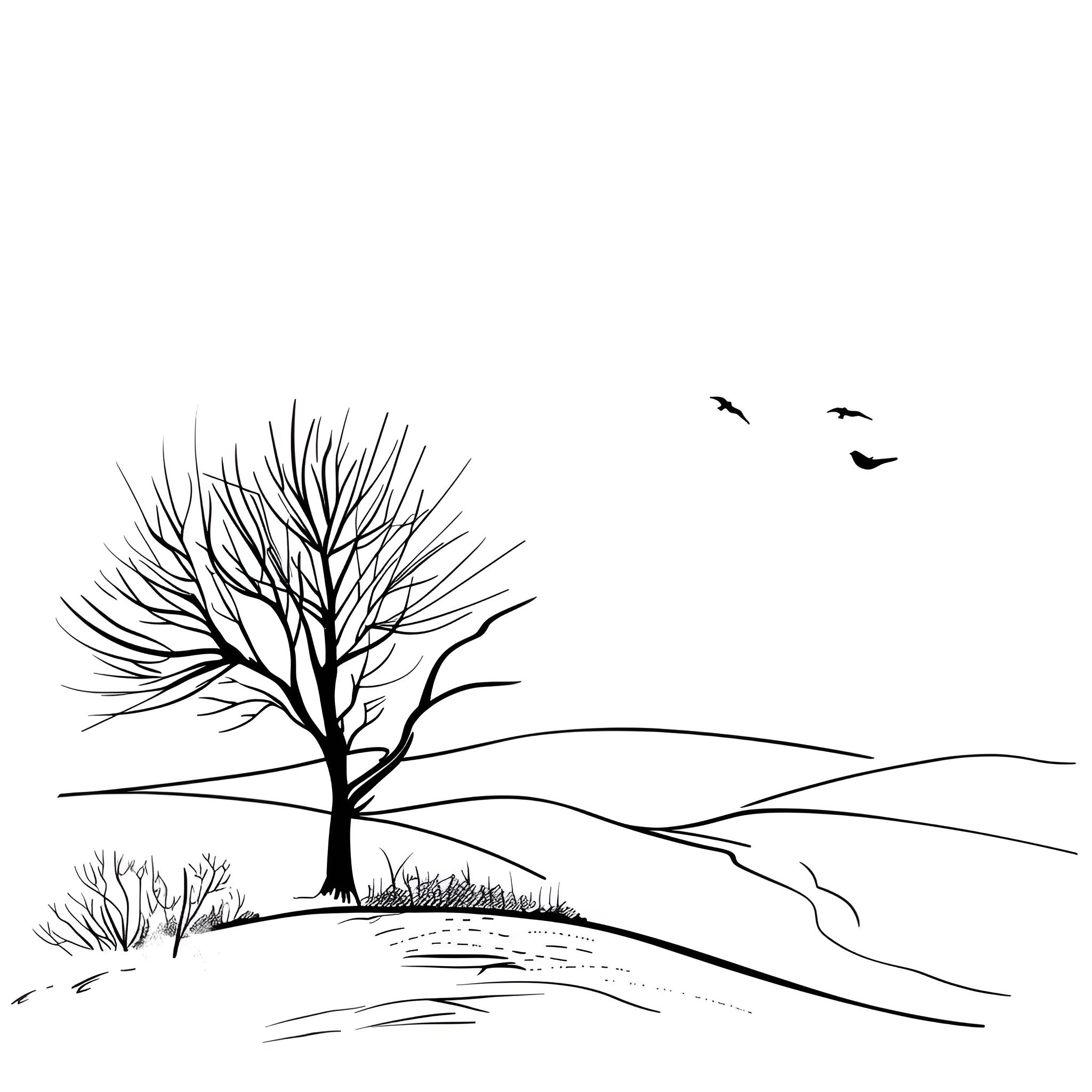 Winter landscape with bare tree silhouette Drawing Idea (free black-and-white line drawing printable PDF for all, from beginners to advanced learners, including children, teens, adults, and seniors)