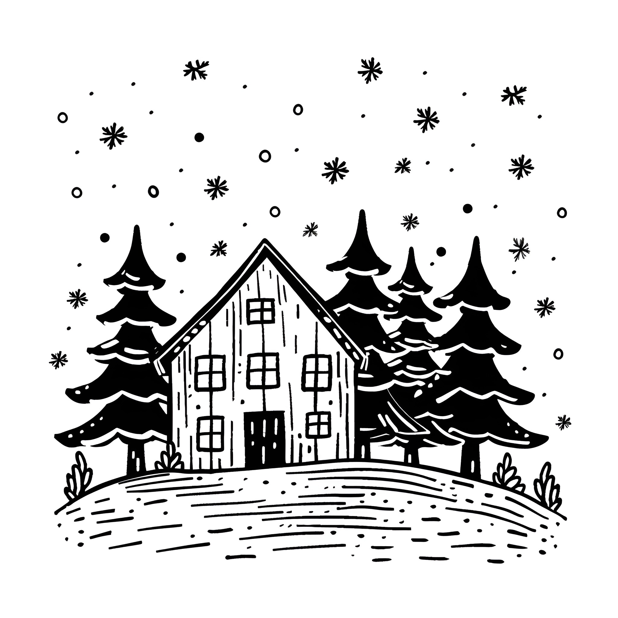 Winter cabin in snowy forest scene Drawing Idea (free black-and-white line drawing printable PDF for all, from beginners to advanced learners, including children, teens, adults, and seniors)