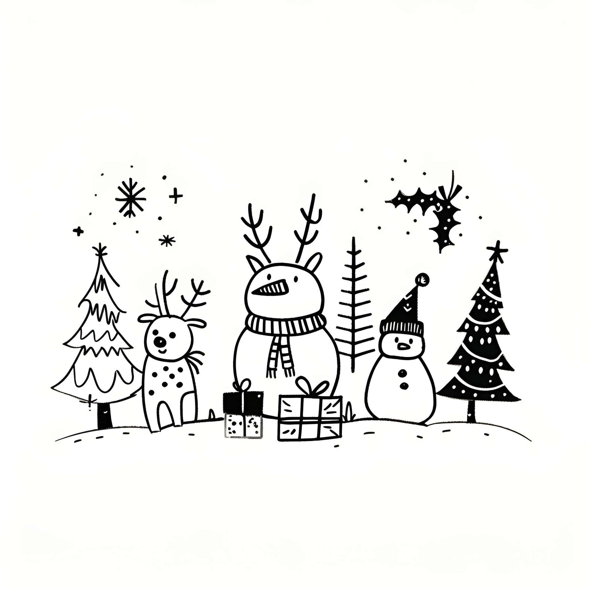 Christmas Card with Playful Snowmen and Trees Drawing Idea (free black-and-white line drawing printable PDF for all, from beginners to advanced learners, including children, teens, adults, and seniors)