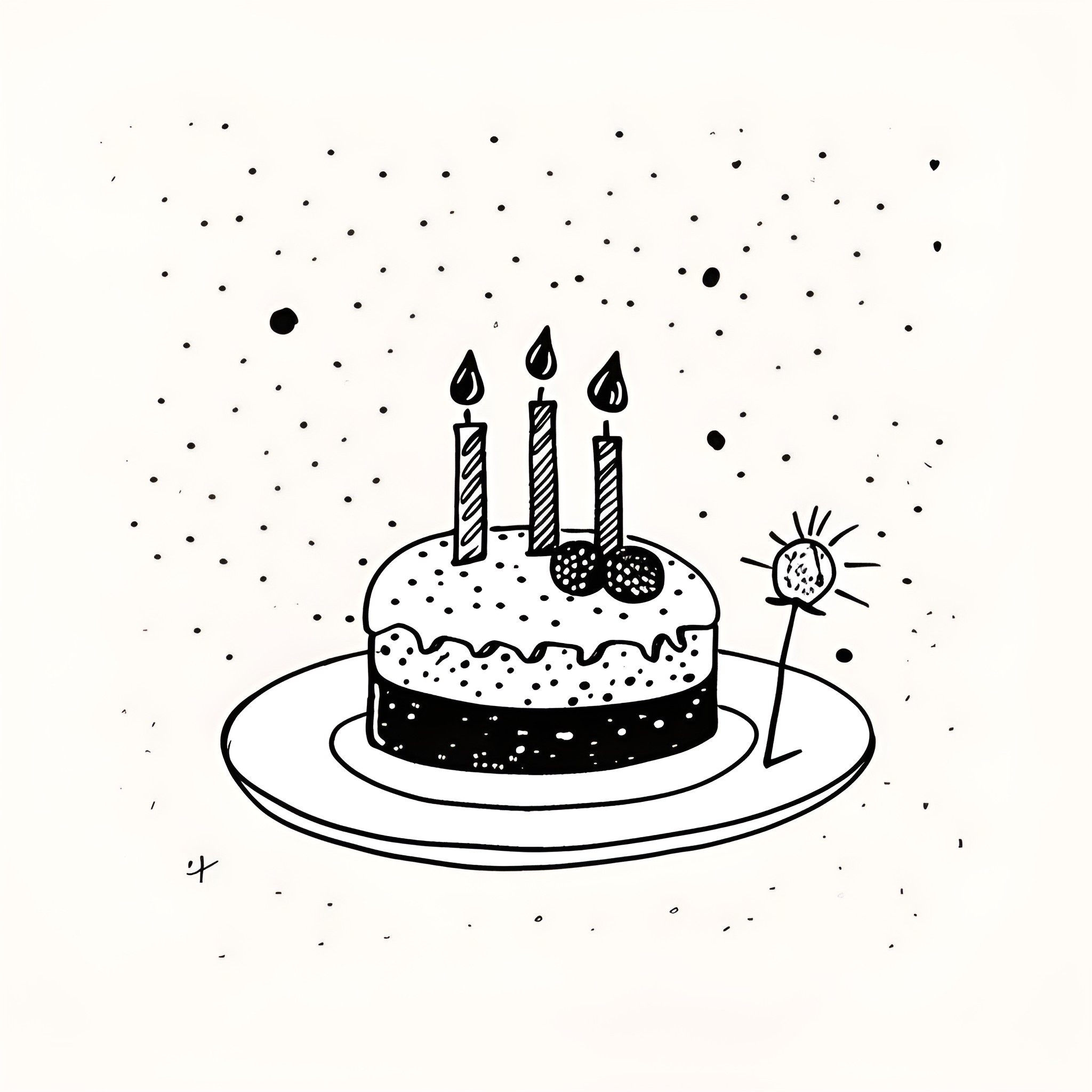 Birthday Card with Cake and Candles Drawing Idea (free black-and-white line drawing printable PDF for all, from beginners to advanced learners, including children, teens, adults, and seniors)