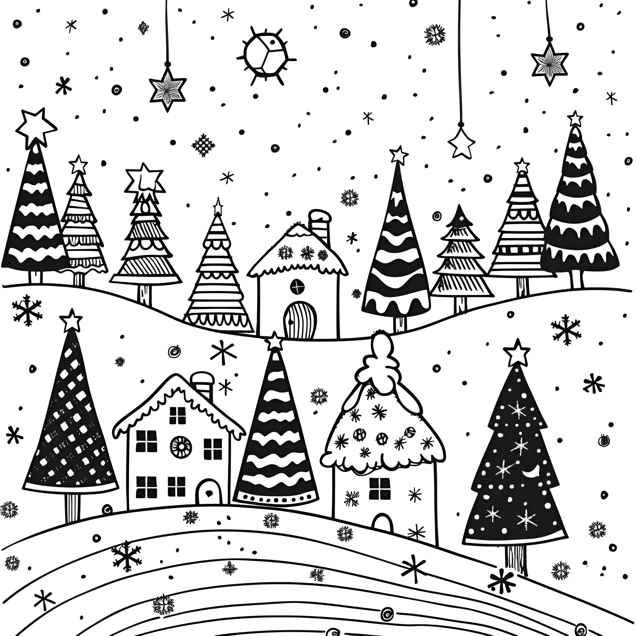 Christmas Card with Whimsical Winter Wonderland Drawing Idea (free black-and-white line drawing printable PDF for all, from beginners to advanced learners, including children, teens, adults, and seniors)