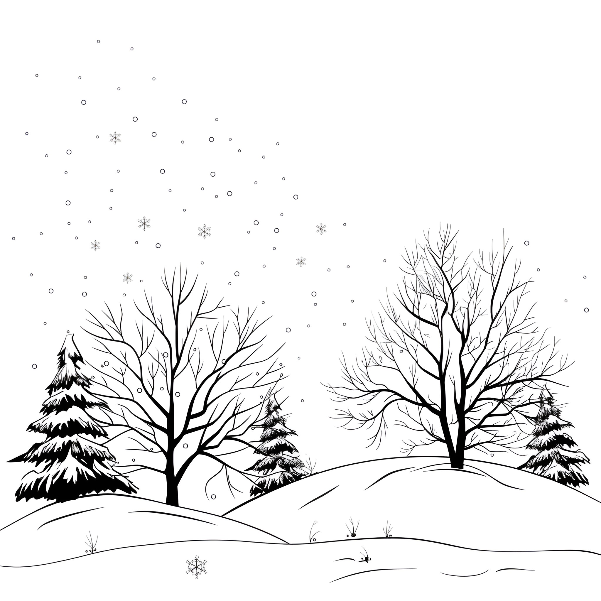 Winter Landscape with Bare Trees and Falling Snow Drawing Idea (free black-and-white line drawing printable PDF for all, from beginners to advanced learners, including children, teens, adults, and seniors)