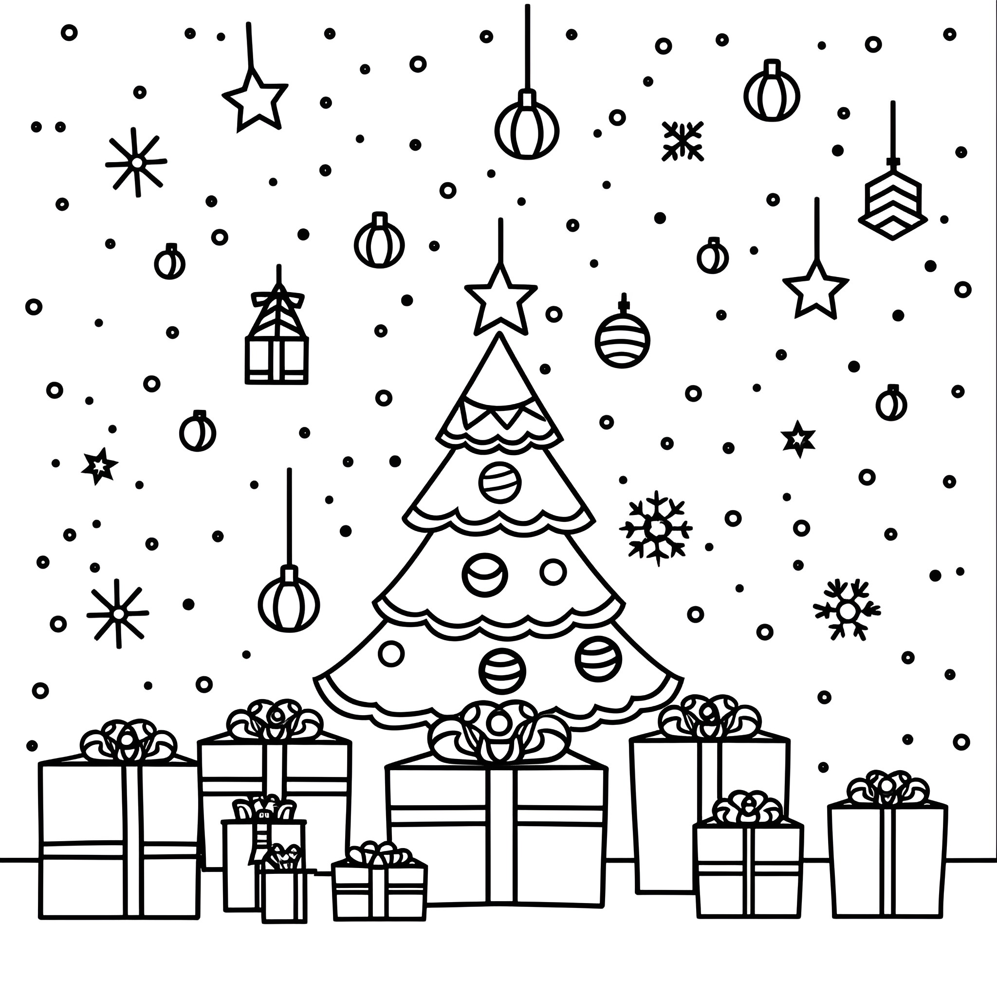 Christmas Card with Ornaments and Presents Drawing Idea (free black-and-white line drawing printable PDF for all, from beginners to advanced learners, including children, teens, adults, and seniors)