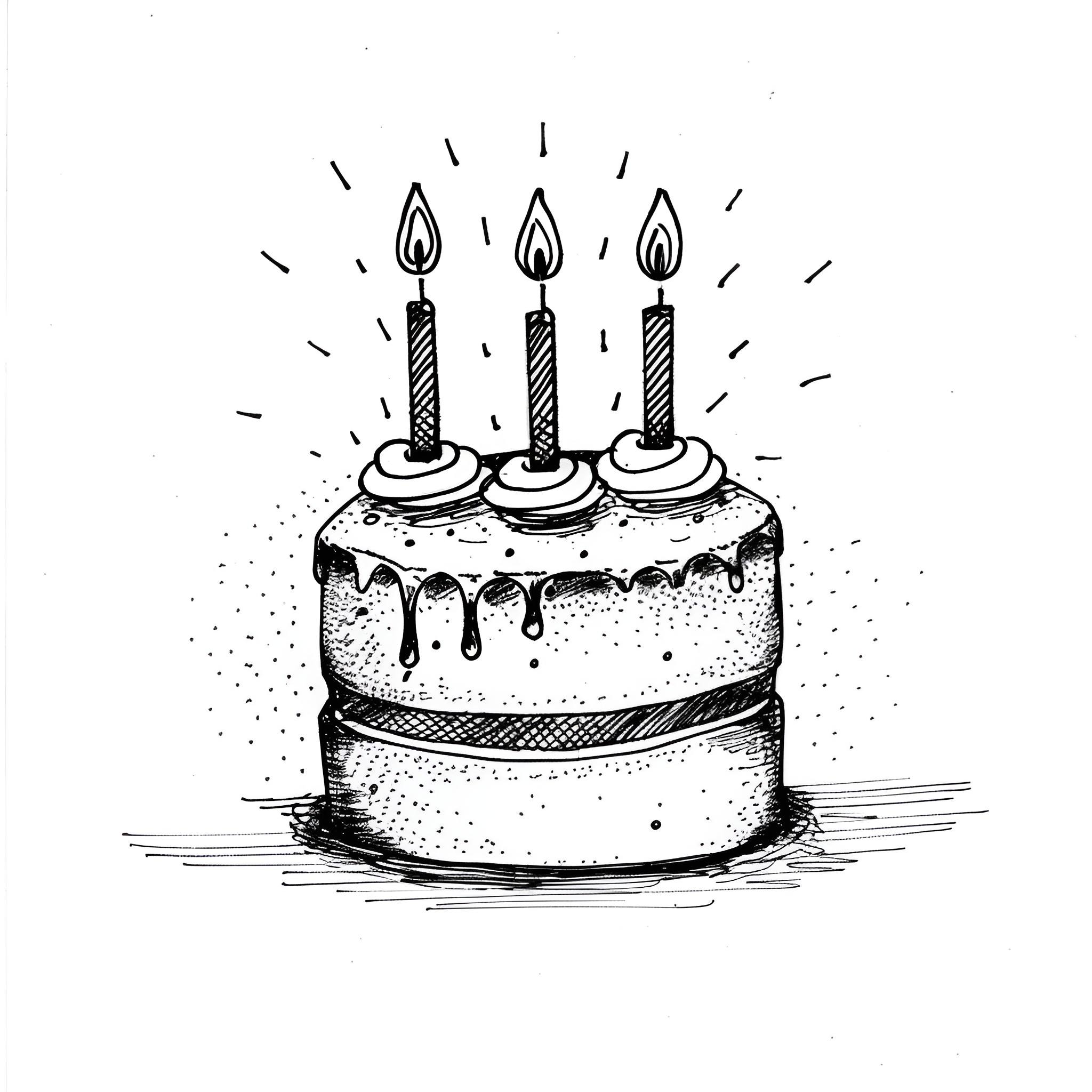 Birthday Card with Candle-Lit Cake Drawing Idea (free black-and-white line drawing printable PDF for all, from beginners to advanced learners, including children, teens, adults, and seniors)
