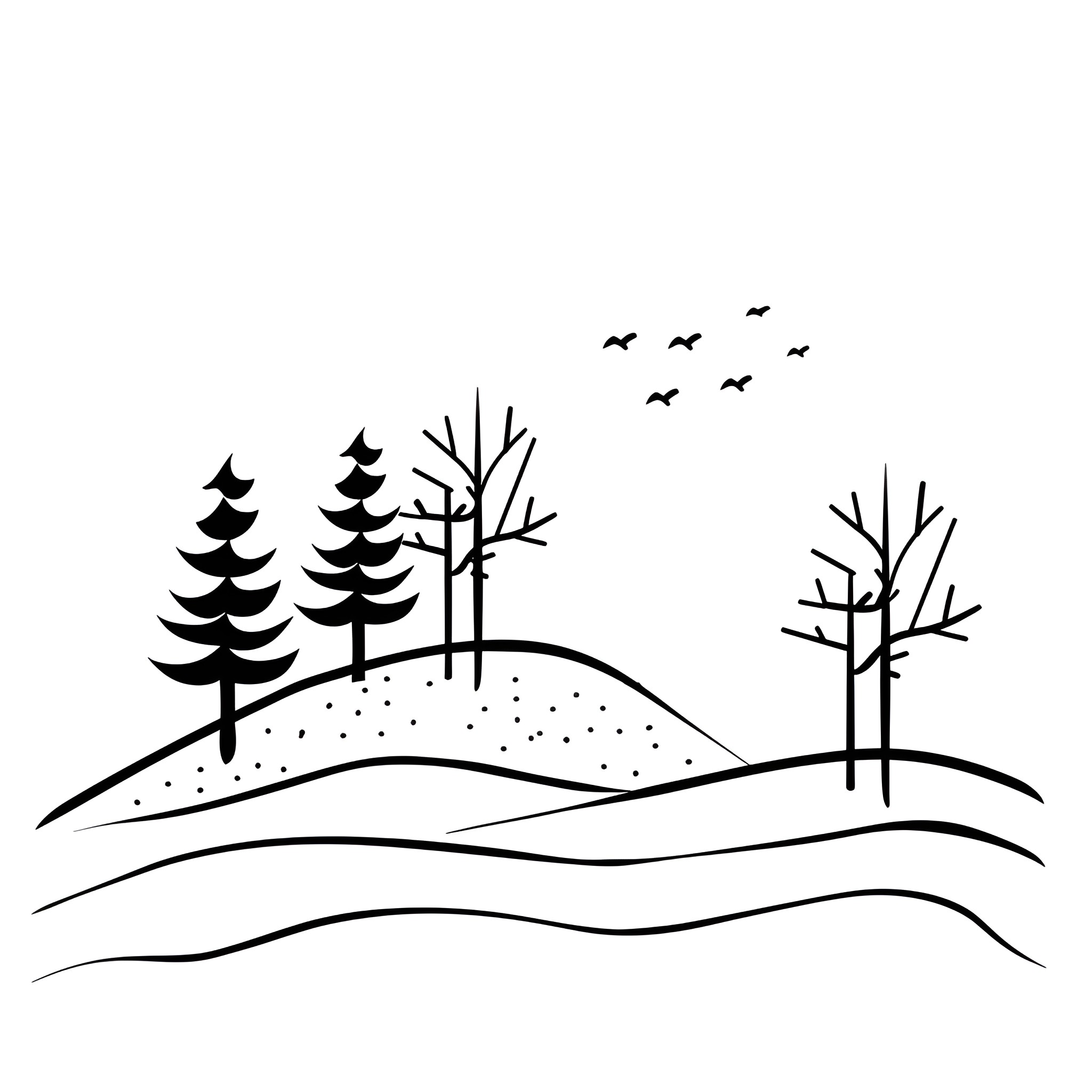 Winter landscape with trees and birds Drawing Idea (free black-and-white line drawing printable PDF for all, from beginners to advanced learners, including children, teens, adults, and seniors)