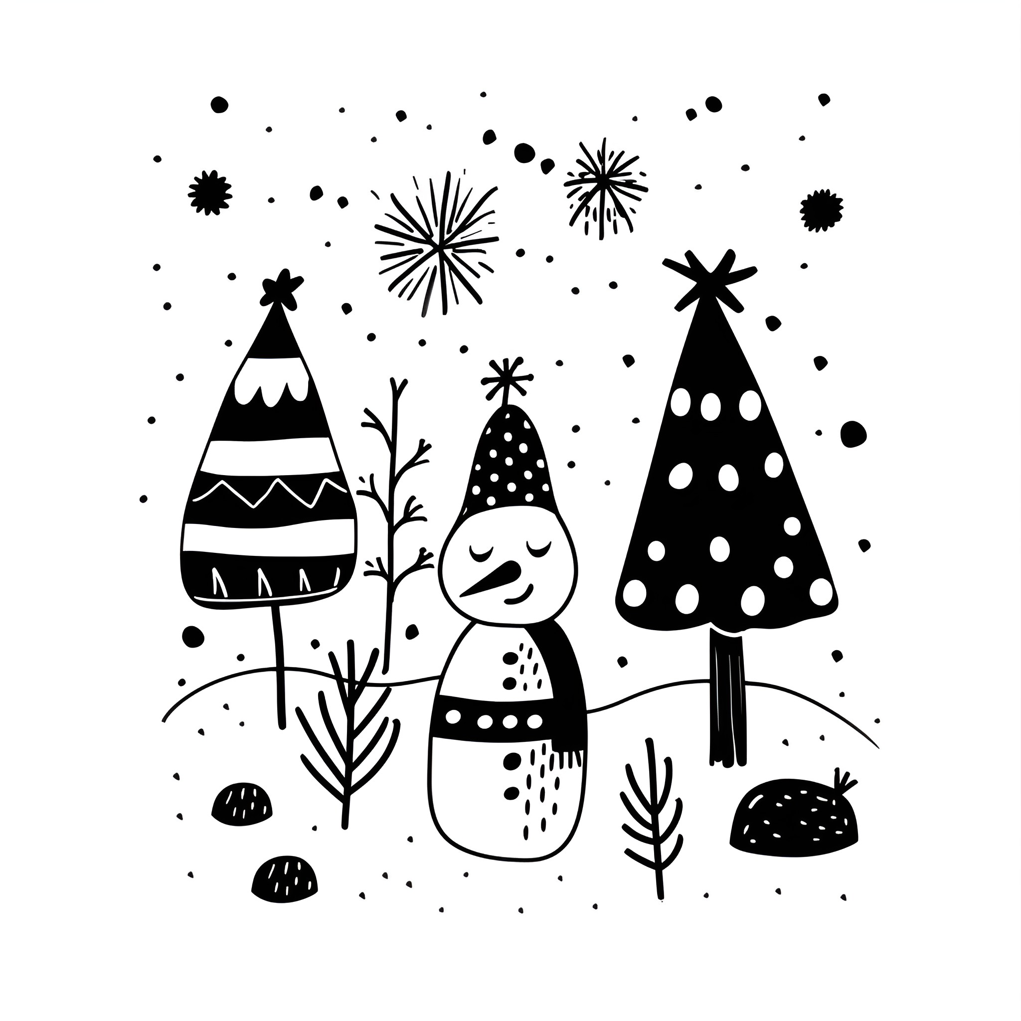 Christmas Card with Whimsical Snowman and Trees Drawing Idea (free black-and-white line drawing printable PDF for all, from beginners to advanced learners, including children, teens, adults, and seniors)