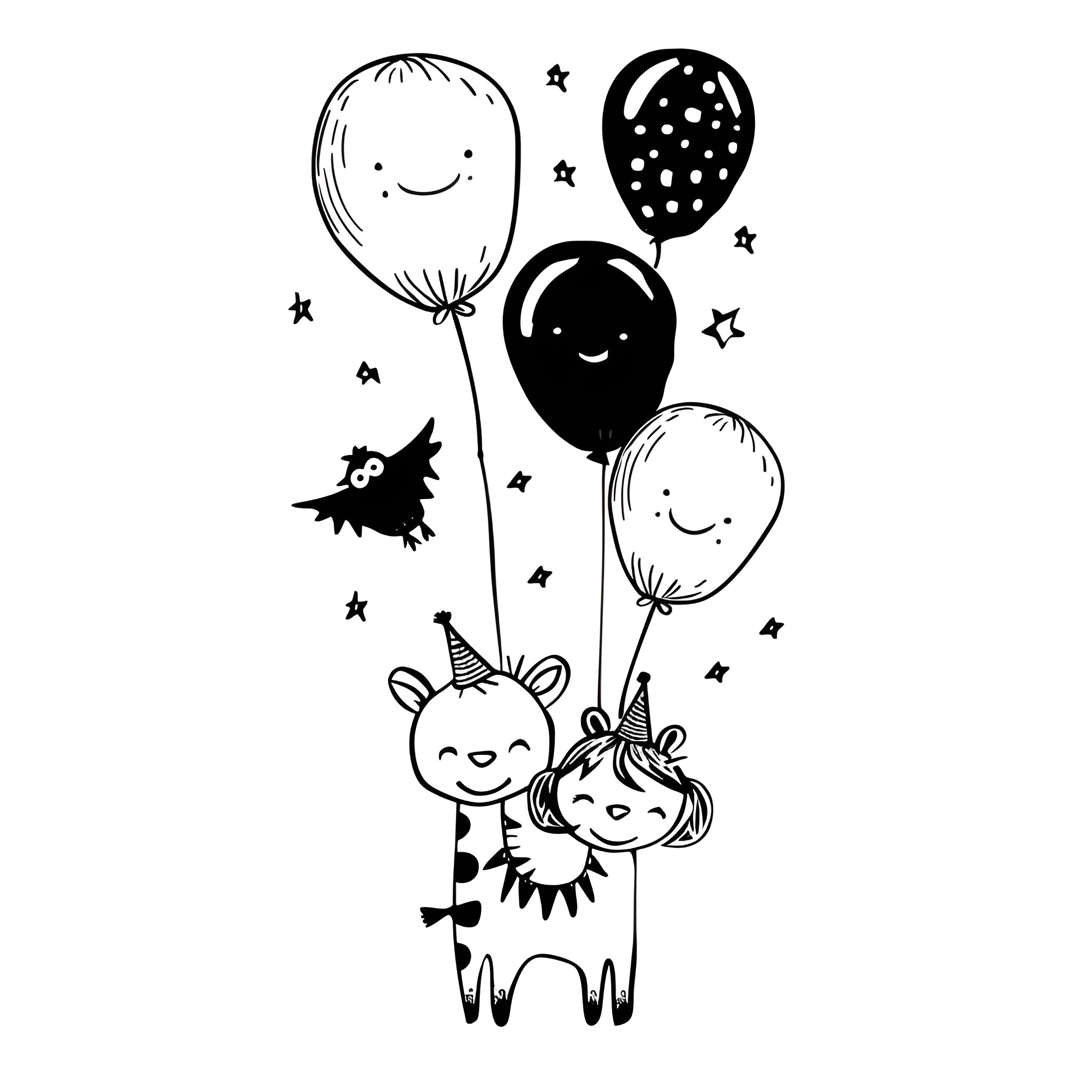 Birthday Card with Kids and Balloons Drawing Idea (free black-and-white line drawing printable PDF for all, from beginners to advanced learners, including children, teens, adults, and seniors)