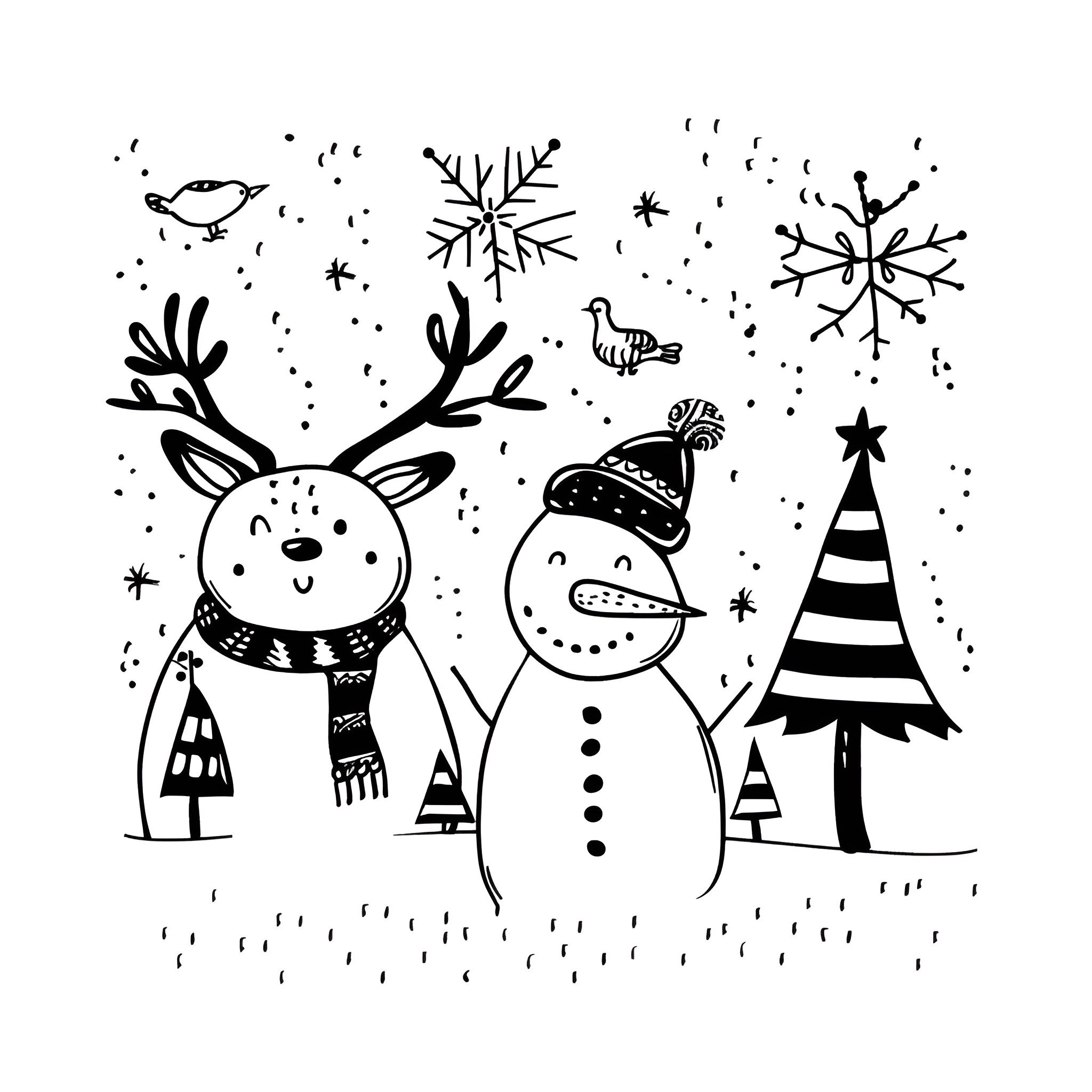 Christmas Card with Reindeer, Snowman, and Tree Drawing Idea (free black-and-white line drawing printable PDF for all, from beginners to advanced learners, including children, teens, adults, and seniors)