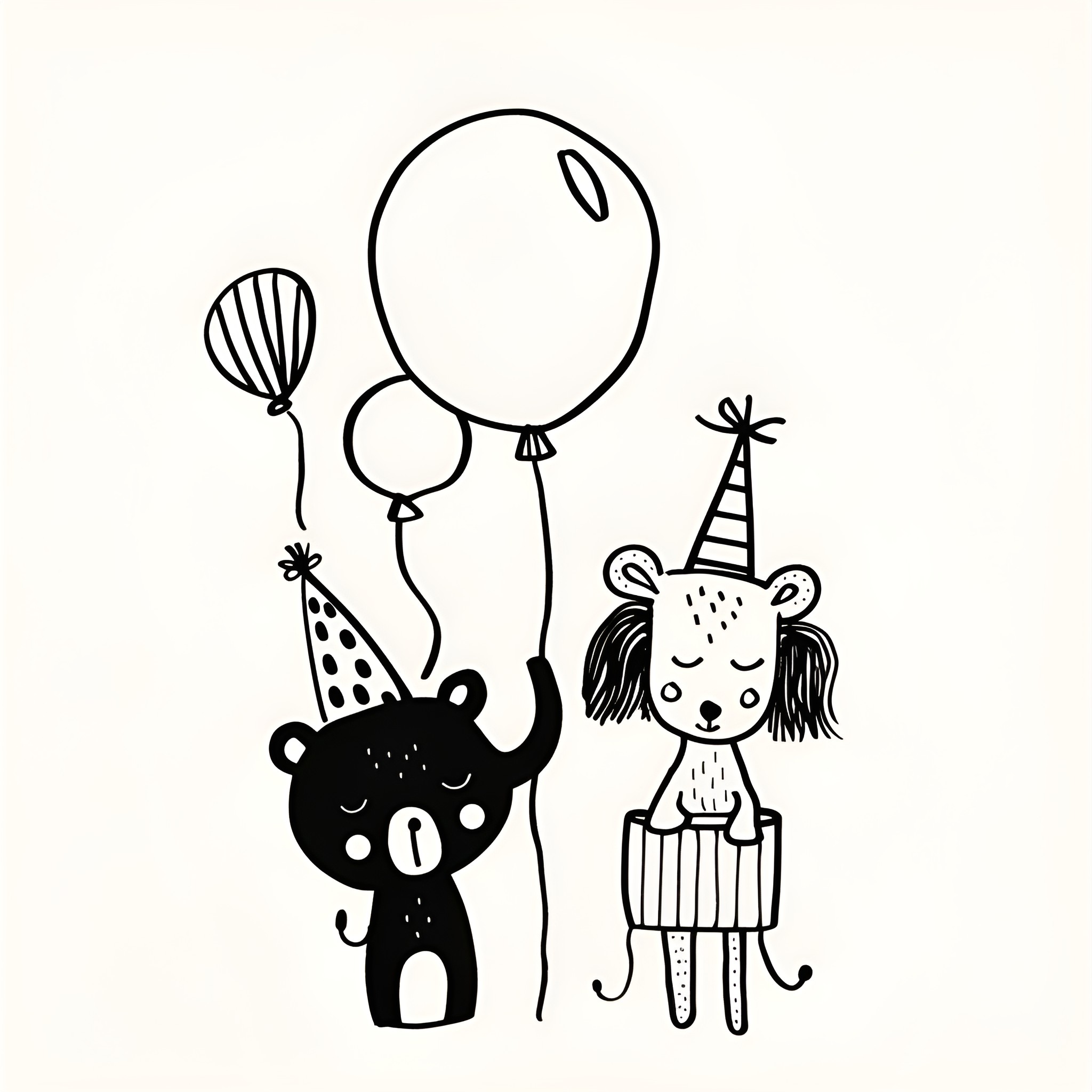 Birthday Card with Playful Animals Drawing Idea (free black-and-white line drawing printable PDF for all, from beginners to advanced learners, including children, teens, adults, and seniors)