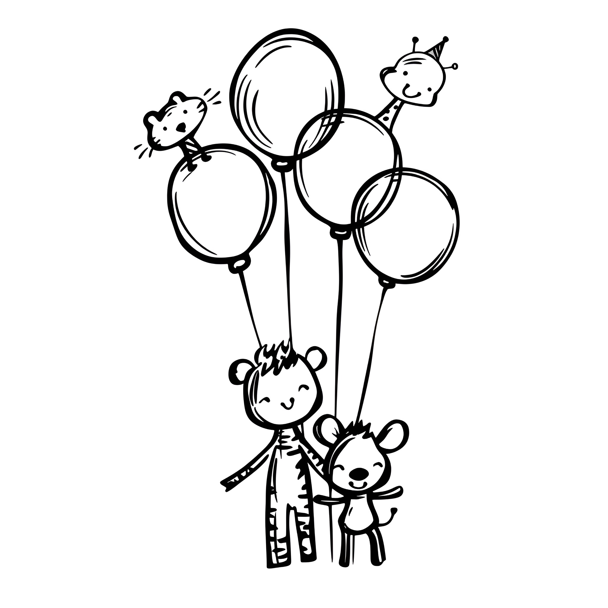 Birthday Card with Whimsical Characters and Balloons Drawing Idea (free black-and-white line drawing printable PDF for all, from beginners to advanced learners, including children, teens, adults, and seniors)