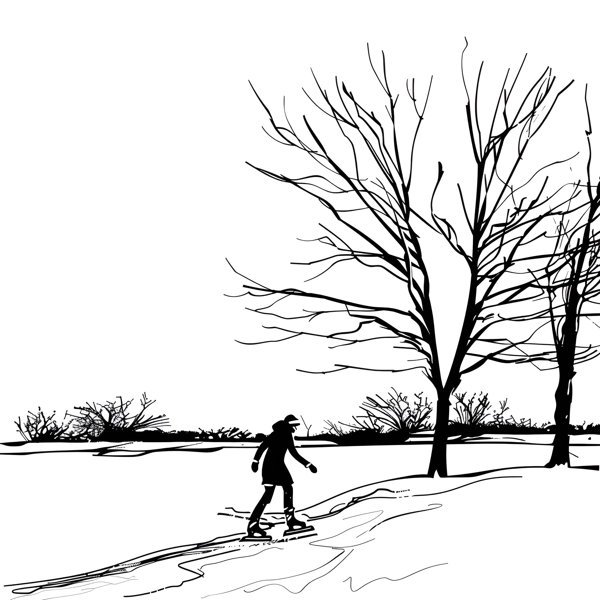 Winter figure skating through snowy landscape Drawing Idea (free black-and-white line drawing printable PDF for all, from beginners to advanced learners, including children, teens, adults, and seniors)