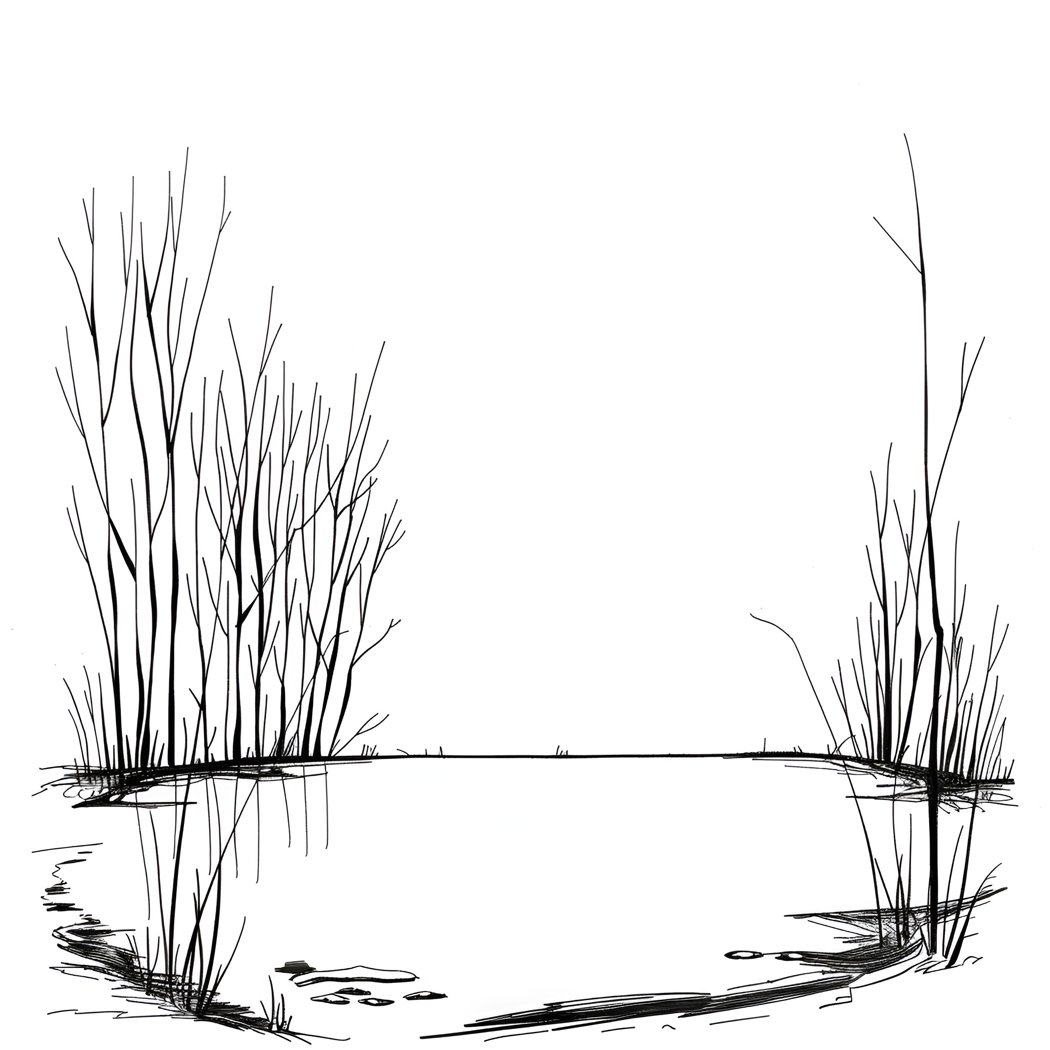 Winter lake with barren trees Drawing Idea (free black-and-white line drawing printable PDF for all, from beginners to advanced learners, including children, teens, adults, and seniors)