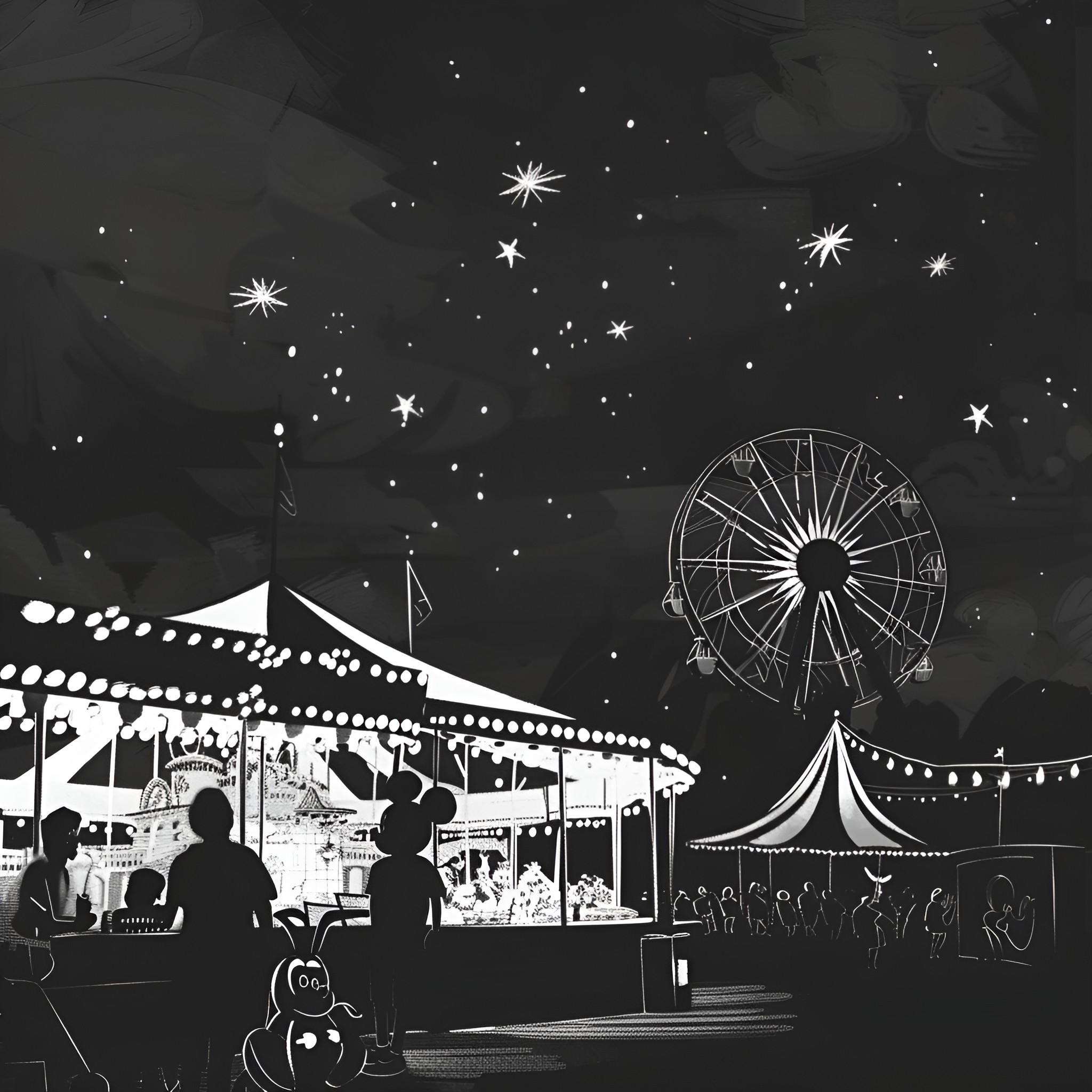 Disney Carnival Celebration Under the Stars Drawing Idea (free black-and-white line drawing printable PDF for all, from beginners to advanced learners, including children, teens, adults, and seniors)