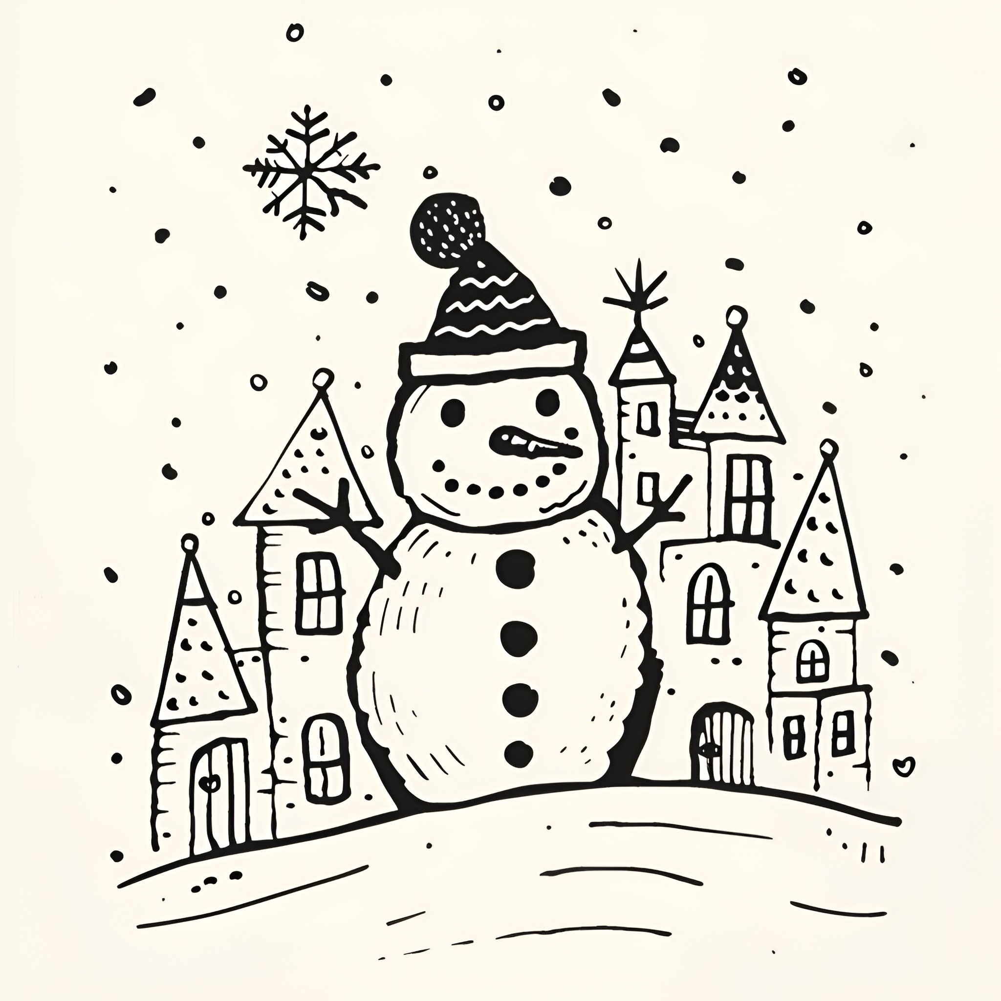 Christmas Card Featuring Snowman and Snowy Village Drawing Idea (free black-and-white line drawing printable PDF for all, from beginners to advanced learners, including children, teens, adults, and seniors)