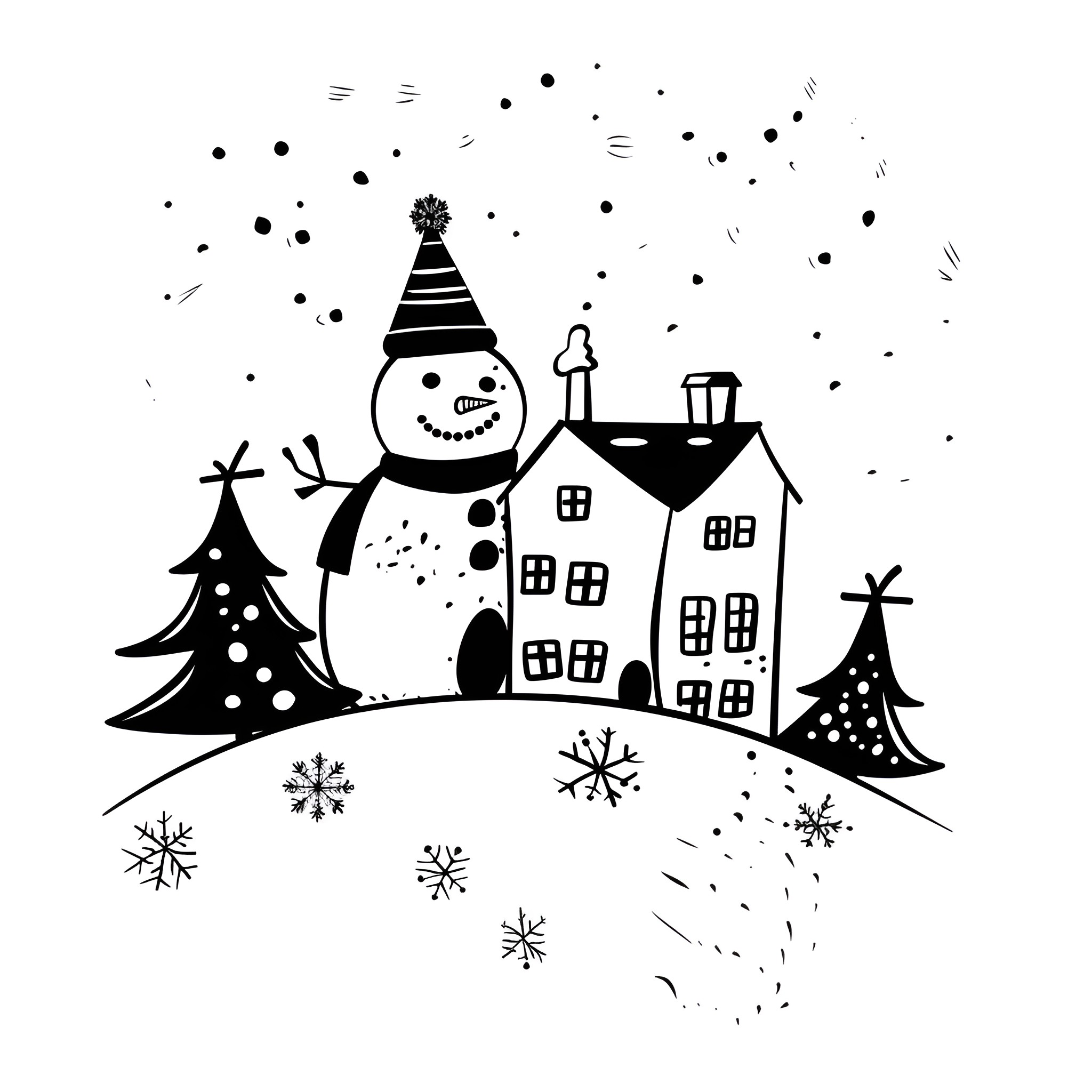 Christmas Card with Snowman and Winter Cottages Drawing Idea (free black-and-white line drawing printable PDF for all, from beginners to advanced learners, including children, teens, adults, and seniors)