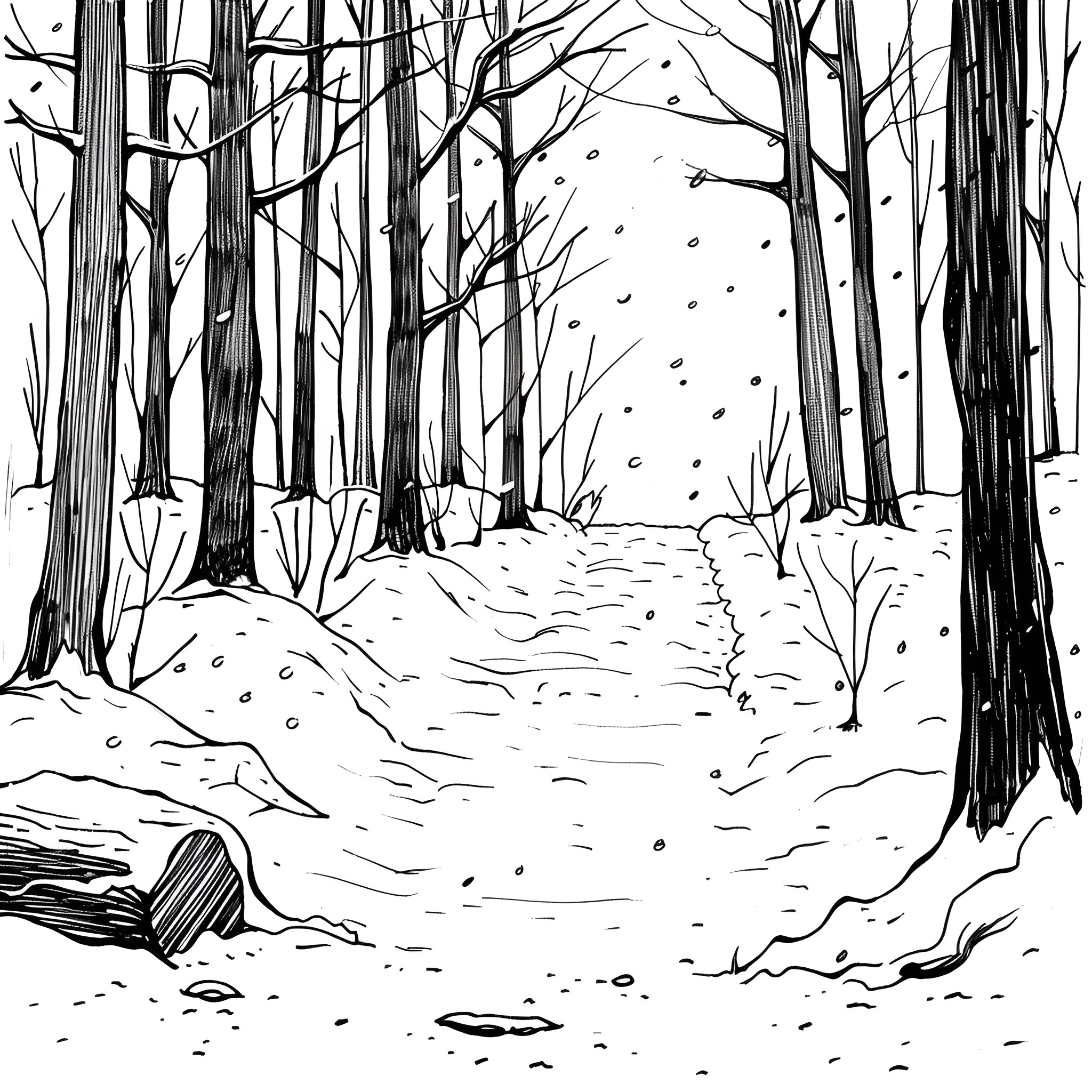 Winter forest landscape with snowy path Drawing Idea (free black-and-white line drawing printable PDF for all, from beginners to advanced learners, including children, teens, adults, and seniors)