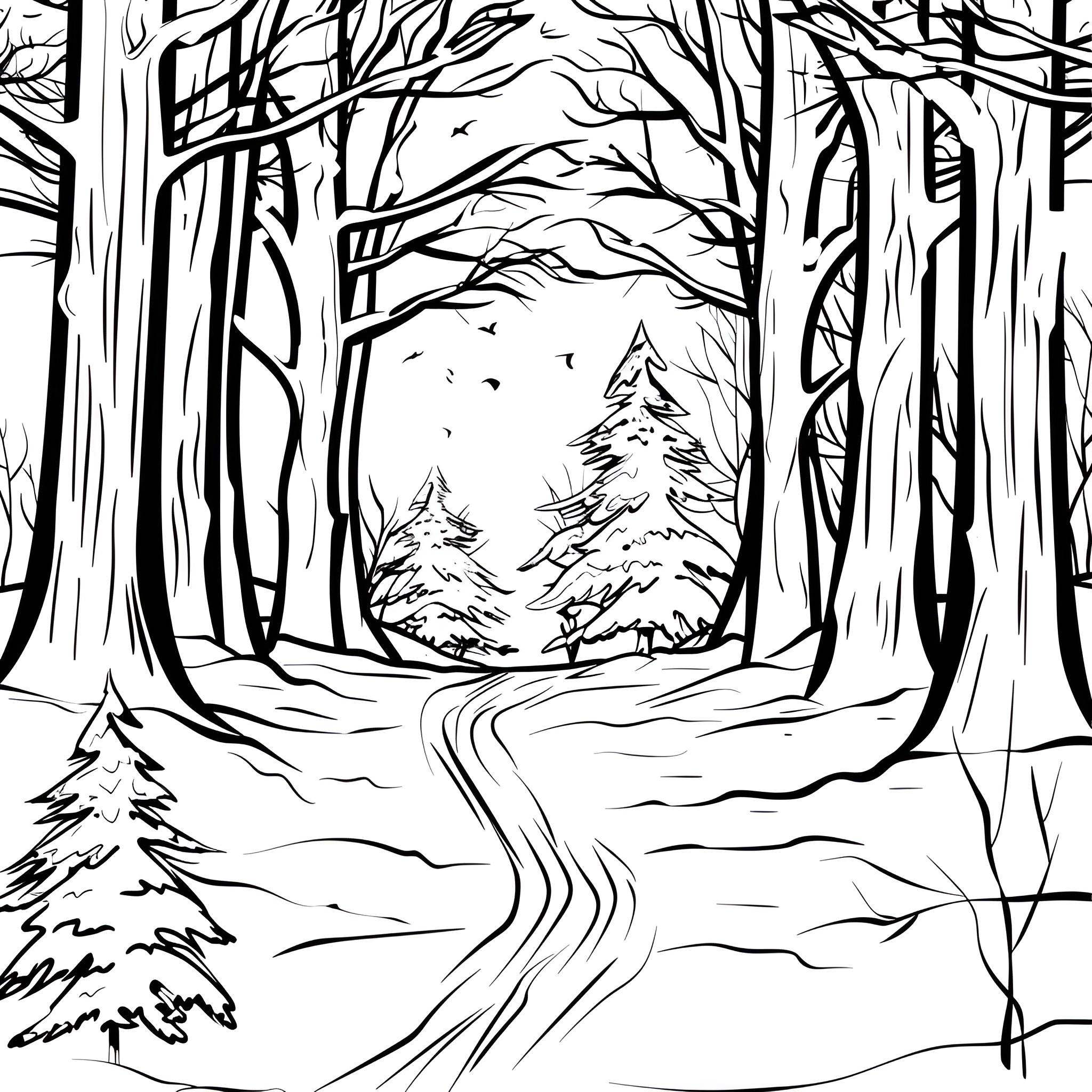 Winter Pathway through Snowy Forest Drawing Idea (free black-and-white line drawing printable PDF for all, from beginners to advanced learners, including children, teens, adults, and seniors)