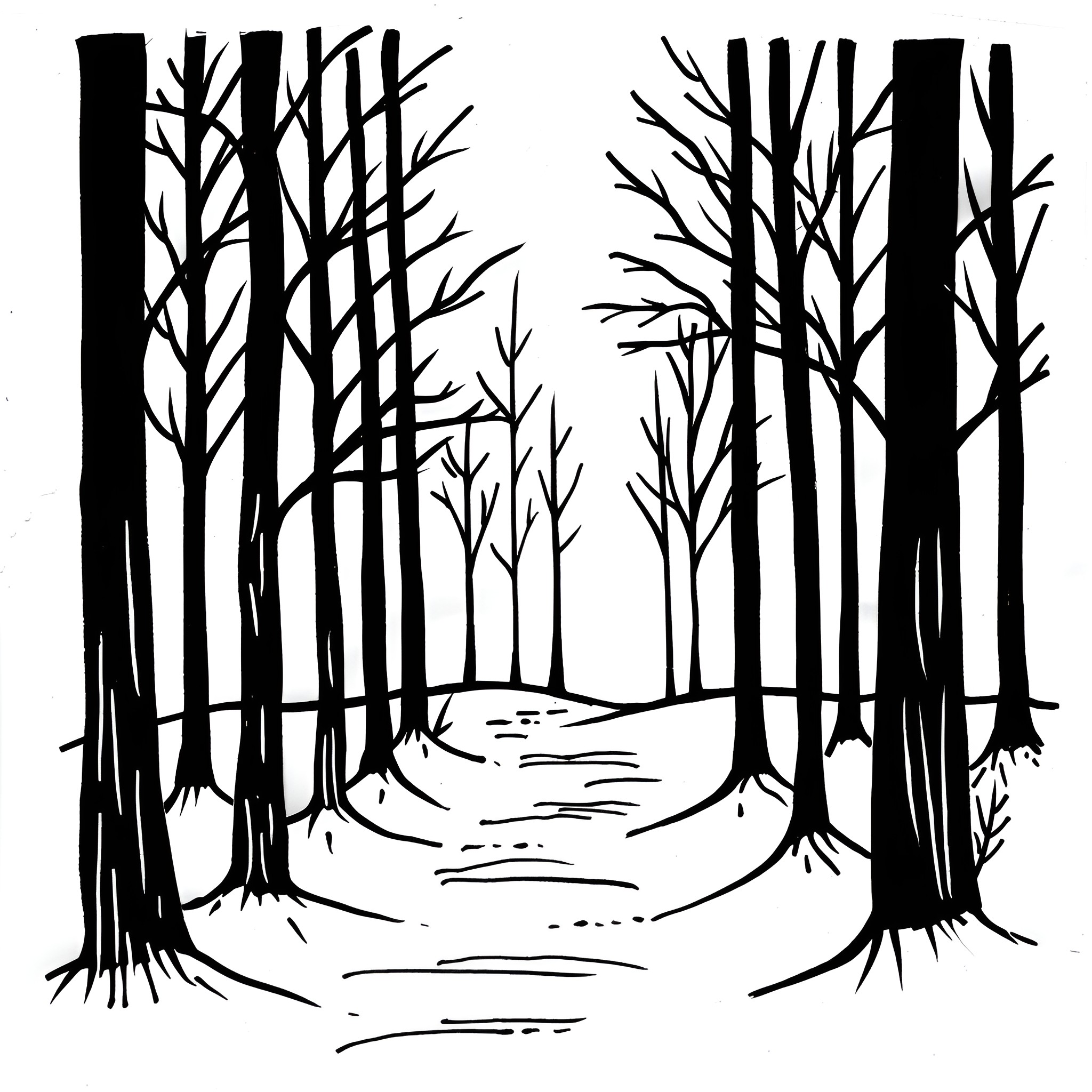 Winter Forest Pathway Drawing Idea (free black-and-white line drawing printable PDF for all, from beginners to advanced learners, including children, teens, adults, and seniors)