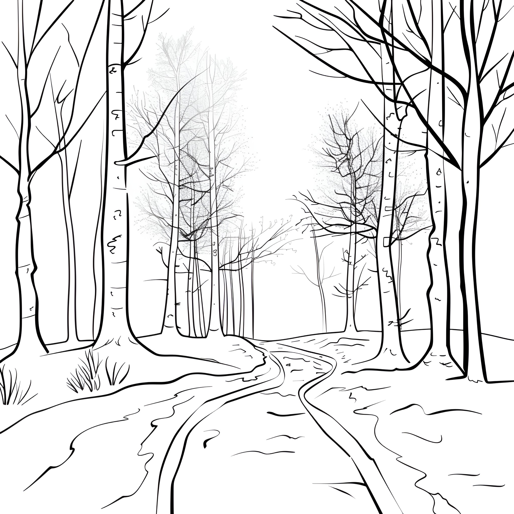 Winter trees and winding path Drawing Idea (free black-and-white line drawing printable PDF for all, from beginners to advanced learners, including children, teens, adults, and seniors)
