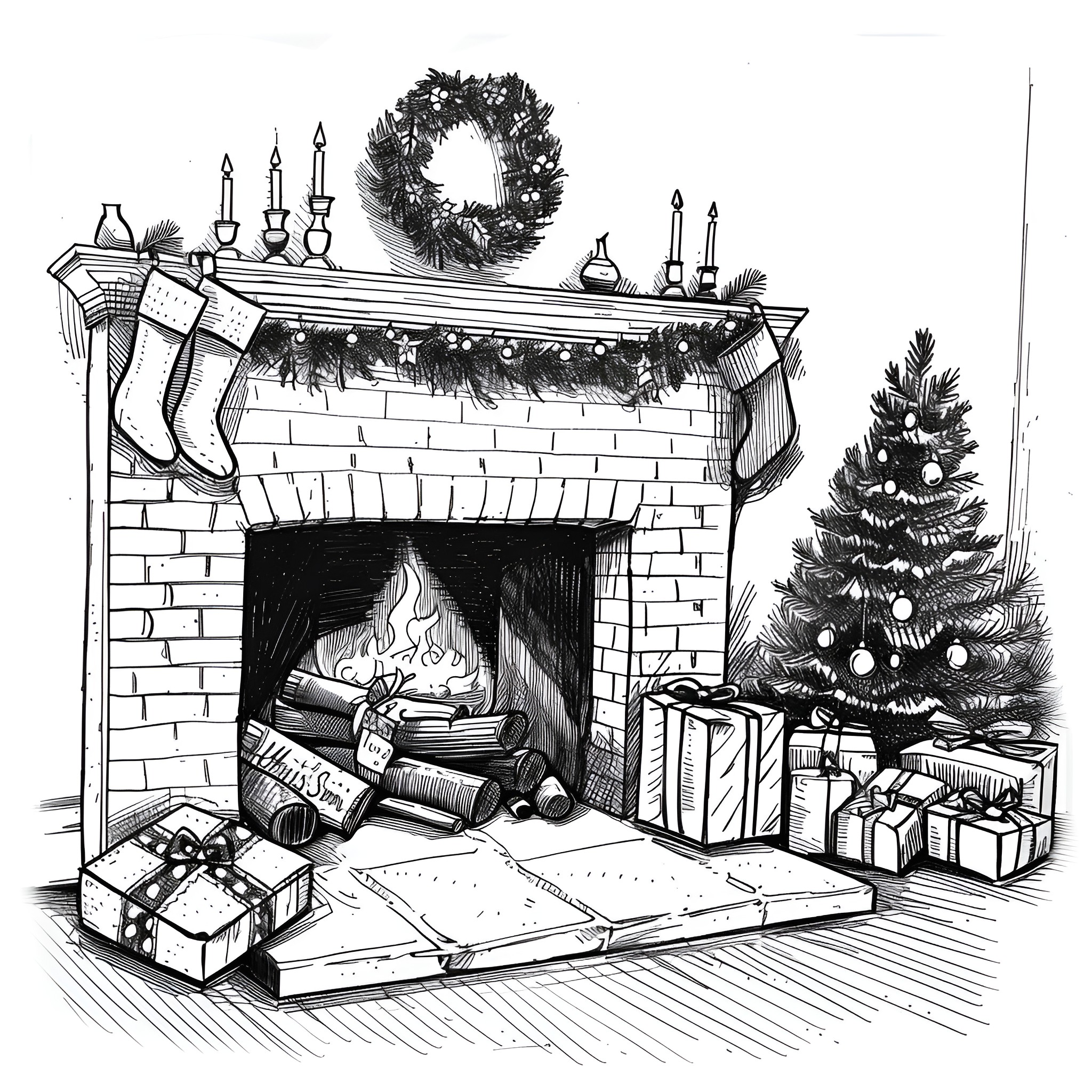 Christmas Card Depicting Cozy Fireplace Scene Drawing Idea (free black-and-white line drawing printable PDF for all, from beginners to advanced learners, including children, teens, adults, and seniors)