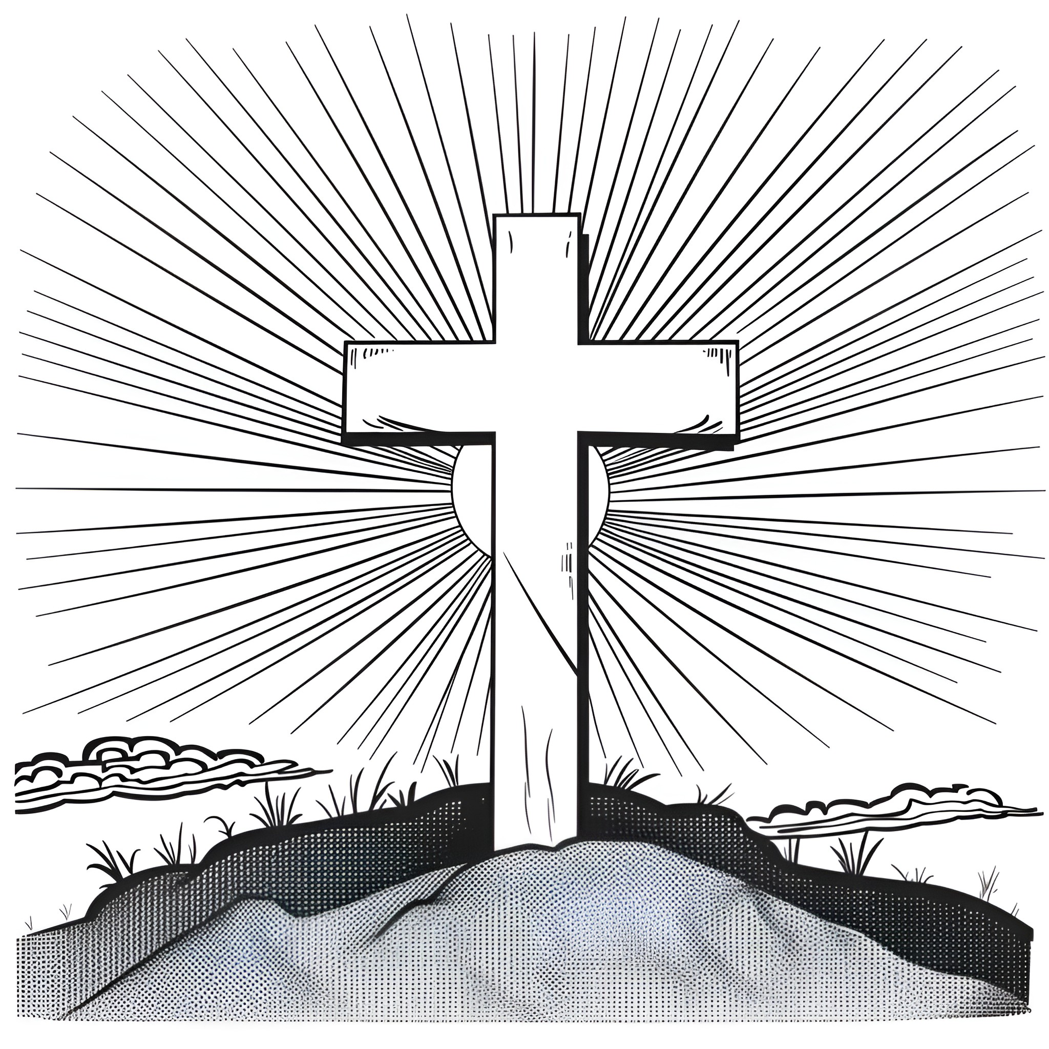 Easter cross on a hilltop Drawing Idea (free black-and-white line drawing printable PDF for all, from beginners to advanced learners, including children, teens, adults, and seniors)