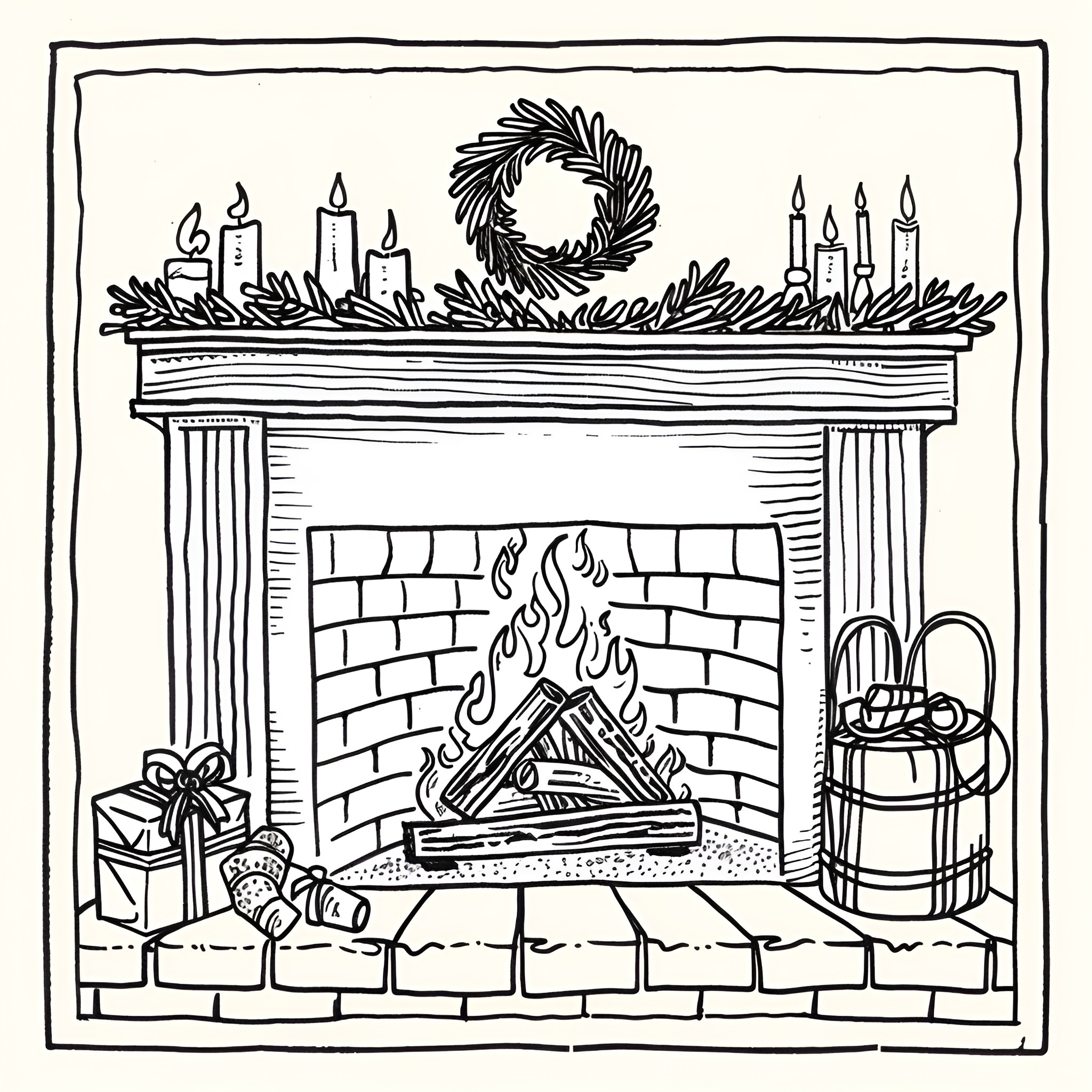 Christmas Card Warm Fireplace with Seasonal Decor Drawing Idea (free black-and-white line drawing printable PDF for all, from beginners to advanced learners, including children, teens, adults, and seniors)