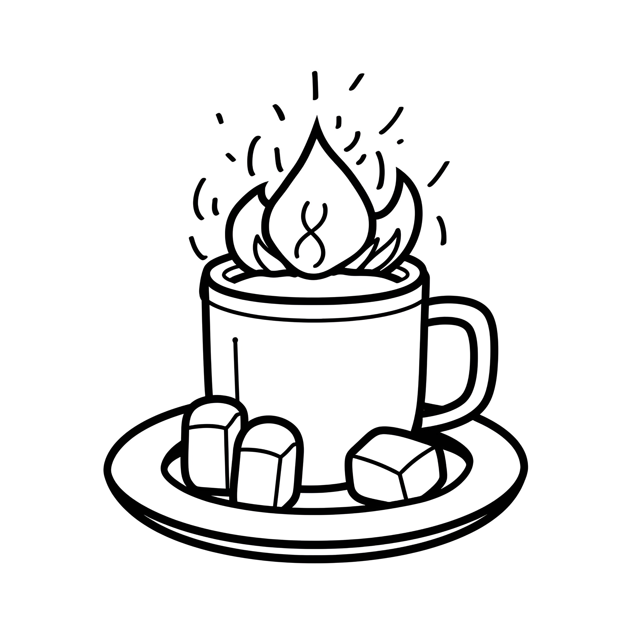 Winter warming beverage by a cozy fire Drawing Idea (free black-and-white line drawing printable PDF for all, from beginners to advanced learners, including children, teens, adults, and seniors)