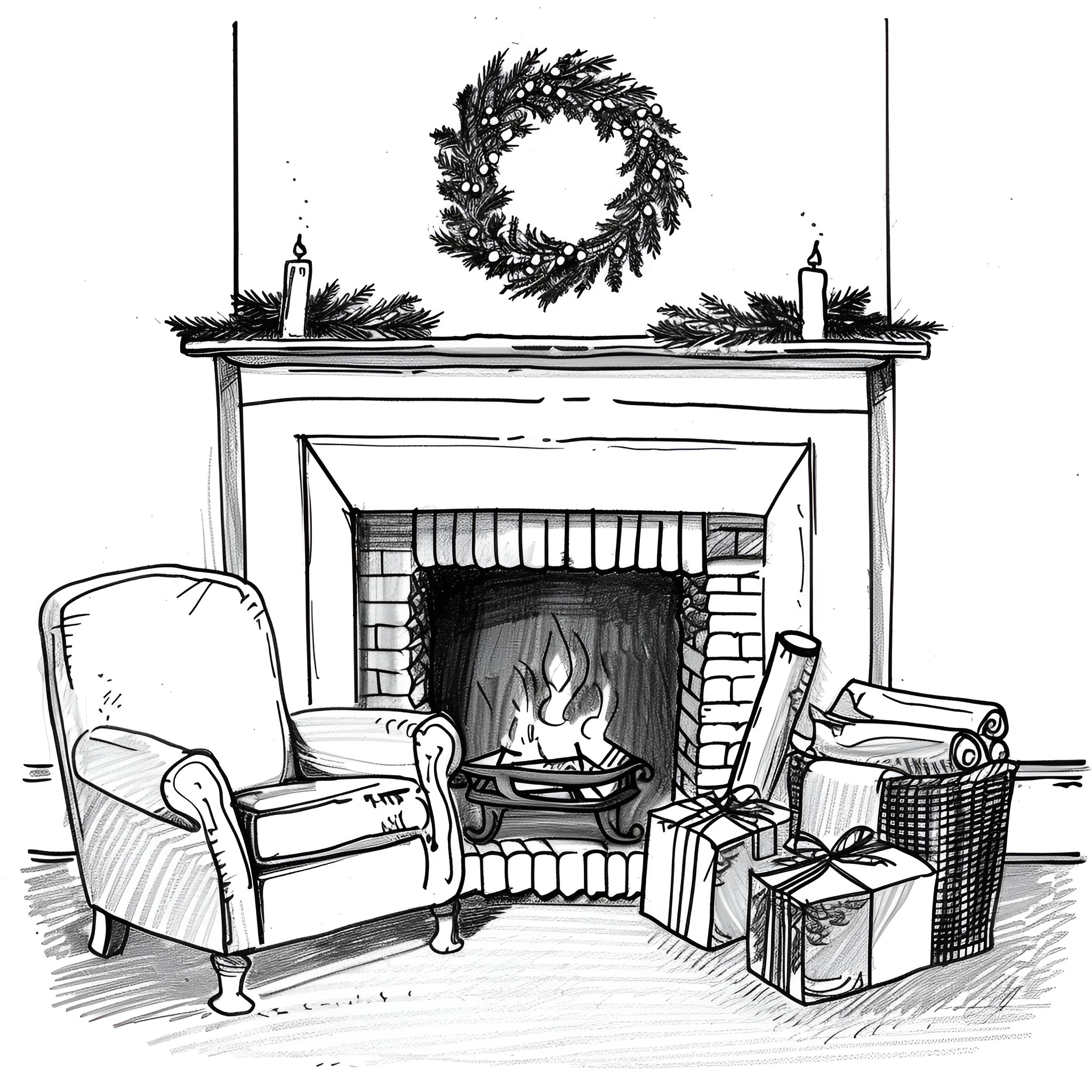 Christmas Card Cozy Fireplace Scene Drawing Idea (free black-and-white line drawing printable PDF for all, from beginners to advanced learners, including children, teens, adults, and seniors)