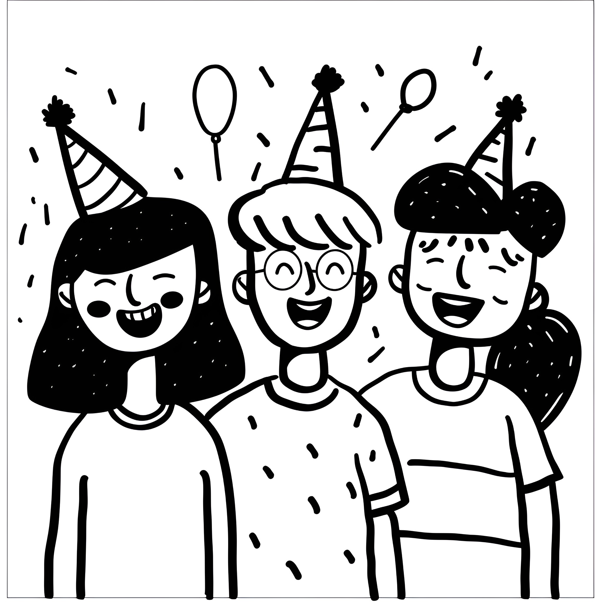 Birthday Card with Joyful Friends Celebrating Drawing Idea (free black-and-white line drawing printable PDF for all, from beginners to advanced learners, including children, teens, adults, and seniors)