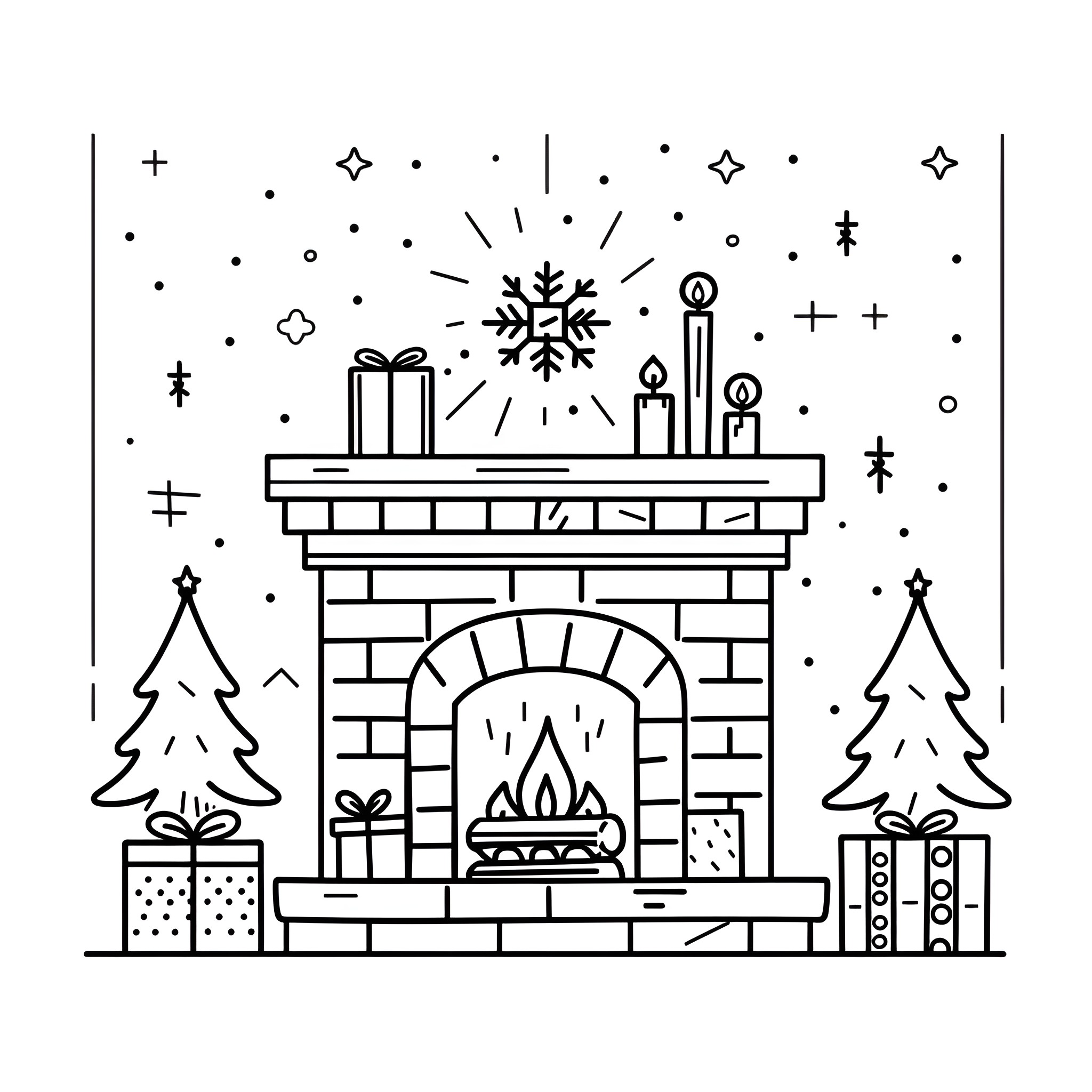 Christmas Card: Festive fireplace scene Drawing Idea (free black-and-white line drawing printable PDF for all, from beginners to advanced learners, including children, teens, adults, and seniors)