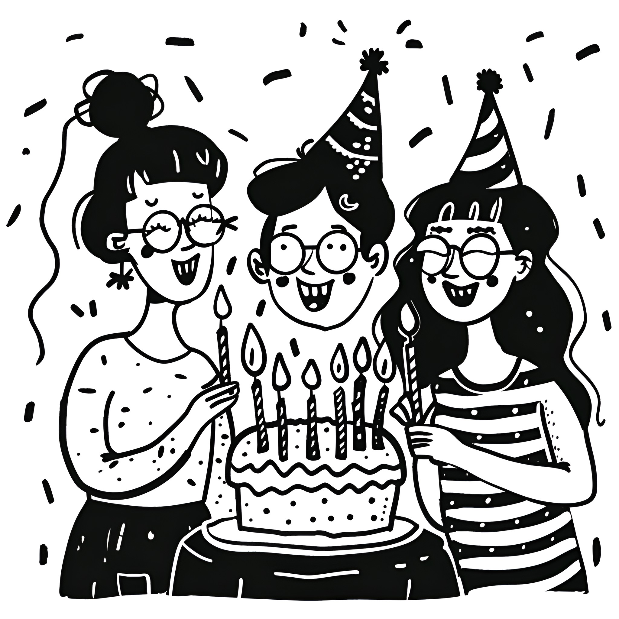 Birthday Card friends celebrating party Drawing Idea (free black-and-white line drawing printable PDF for all, from beginners to advanced learners, including children, teens, adults, and seniors)