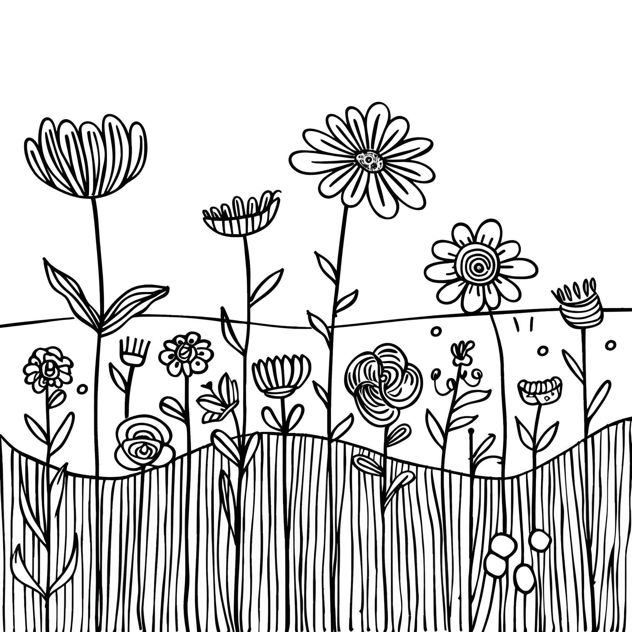 Nature's Vibrant Garden Sketch Drawing Idea (free black-and-white line drawing printable PDF for all, from beginners to advanced learners, including children, teens, adults, and seniors)