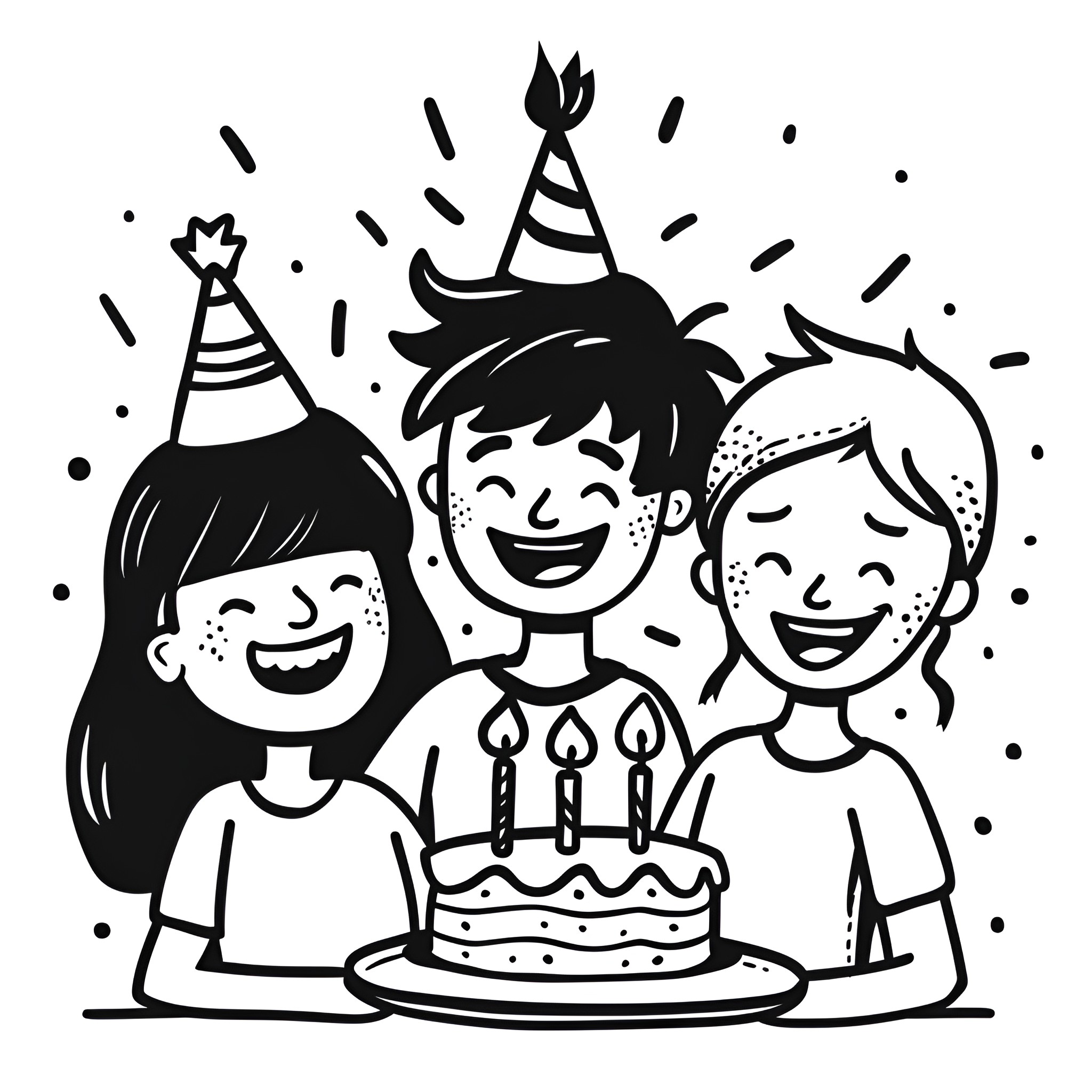 Birthday Card Celebrating with Friends Drawing Idea (free black-and-white line drawing printable PDF for all, from beginners to advanced learners, including children, teens, adults, and seniors)