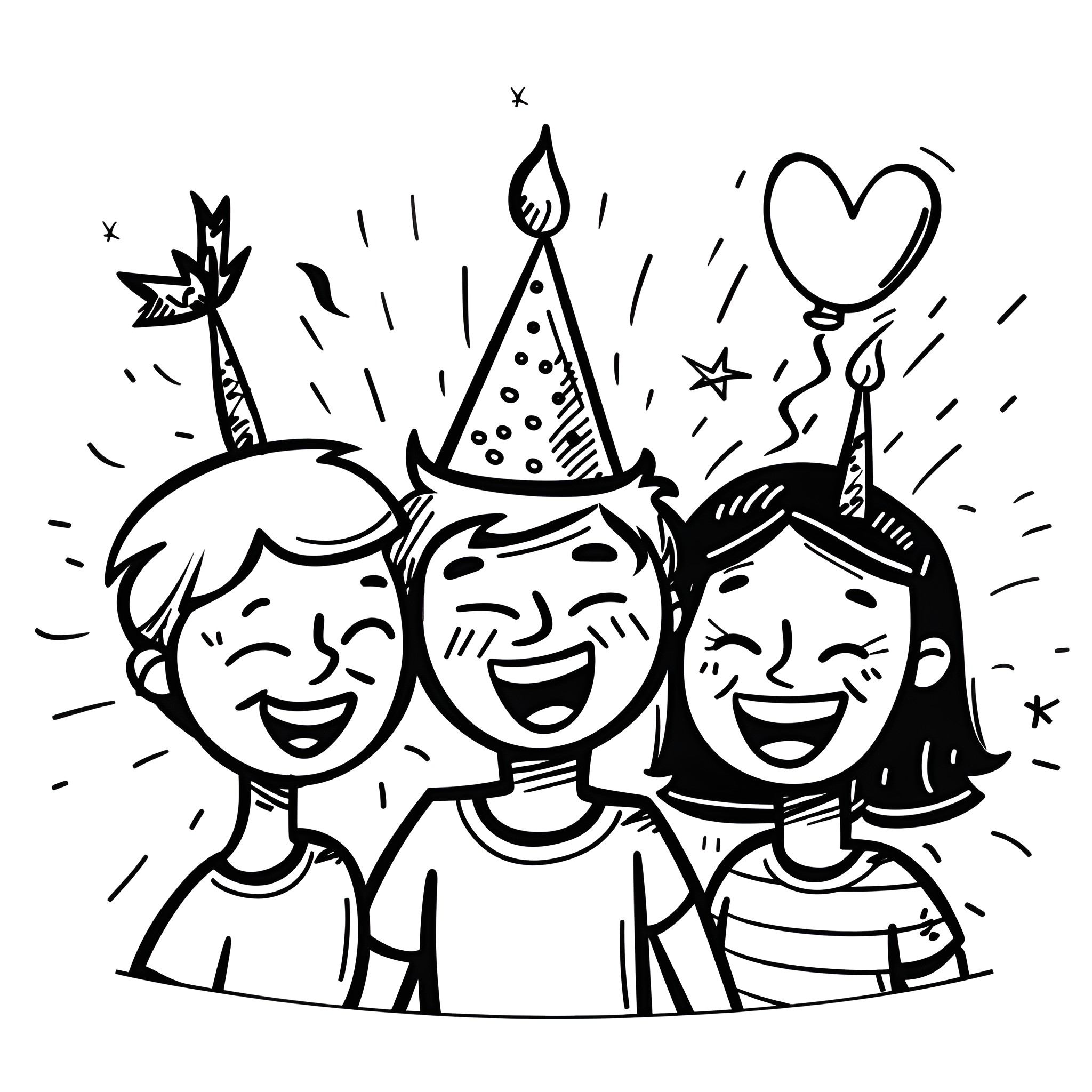 Birthday Card: Happy friends celebrating Drawing Idea (free black-and-white line drawing printable PDF for all, from beginners to advanced learners, including children, teens, adults, and seniors)