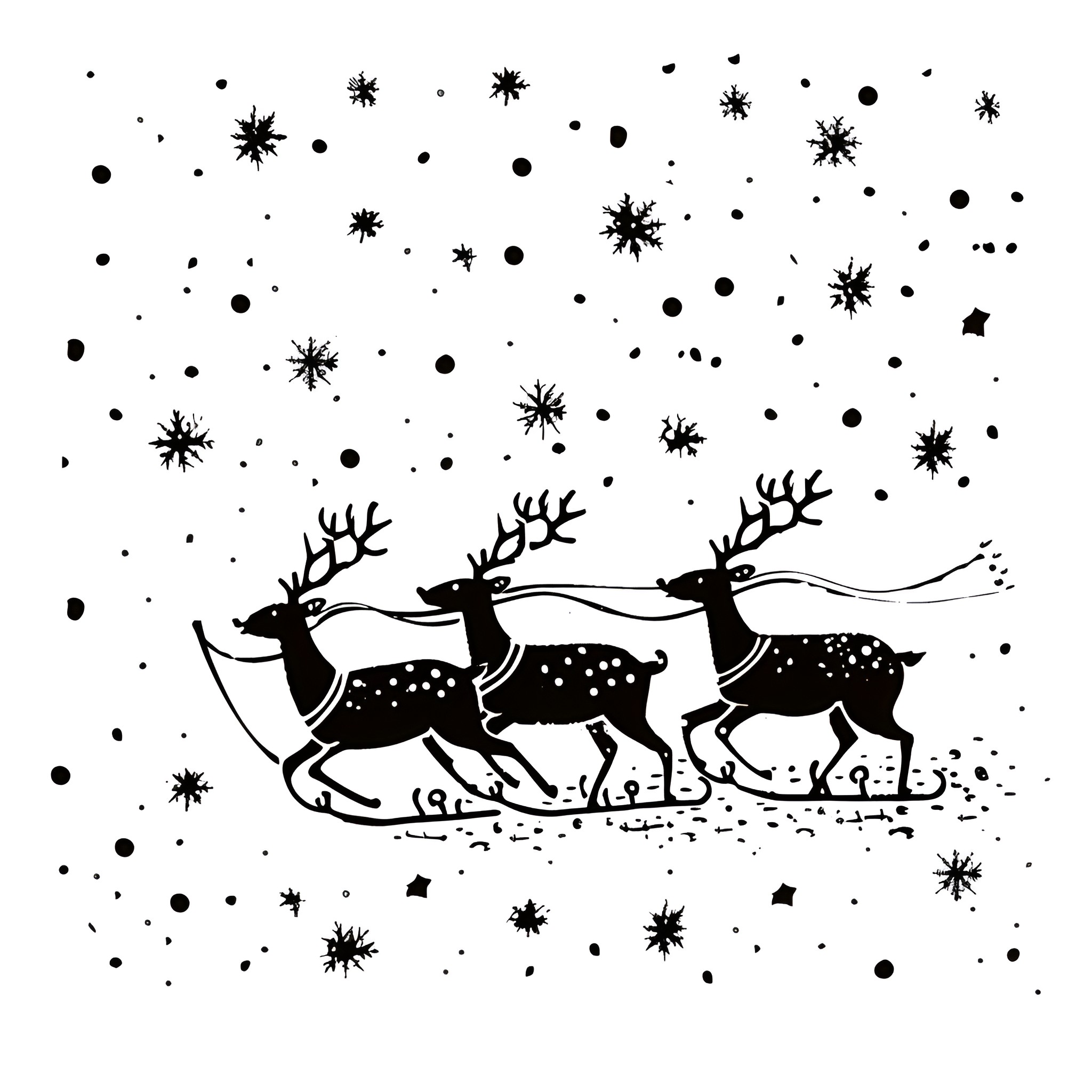 Christmas Card Deer Running Through Snowy Night Drawing Idea (free black-and-white line drawing printable PDF for all, from beginners to advanced learners, including children, teens, adults, and seniors)