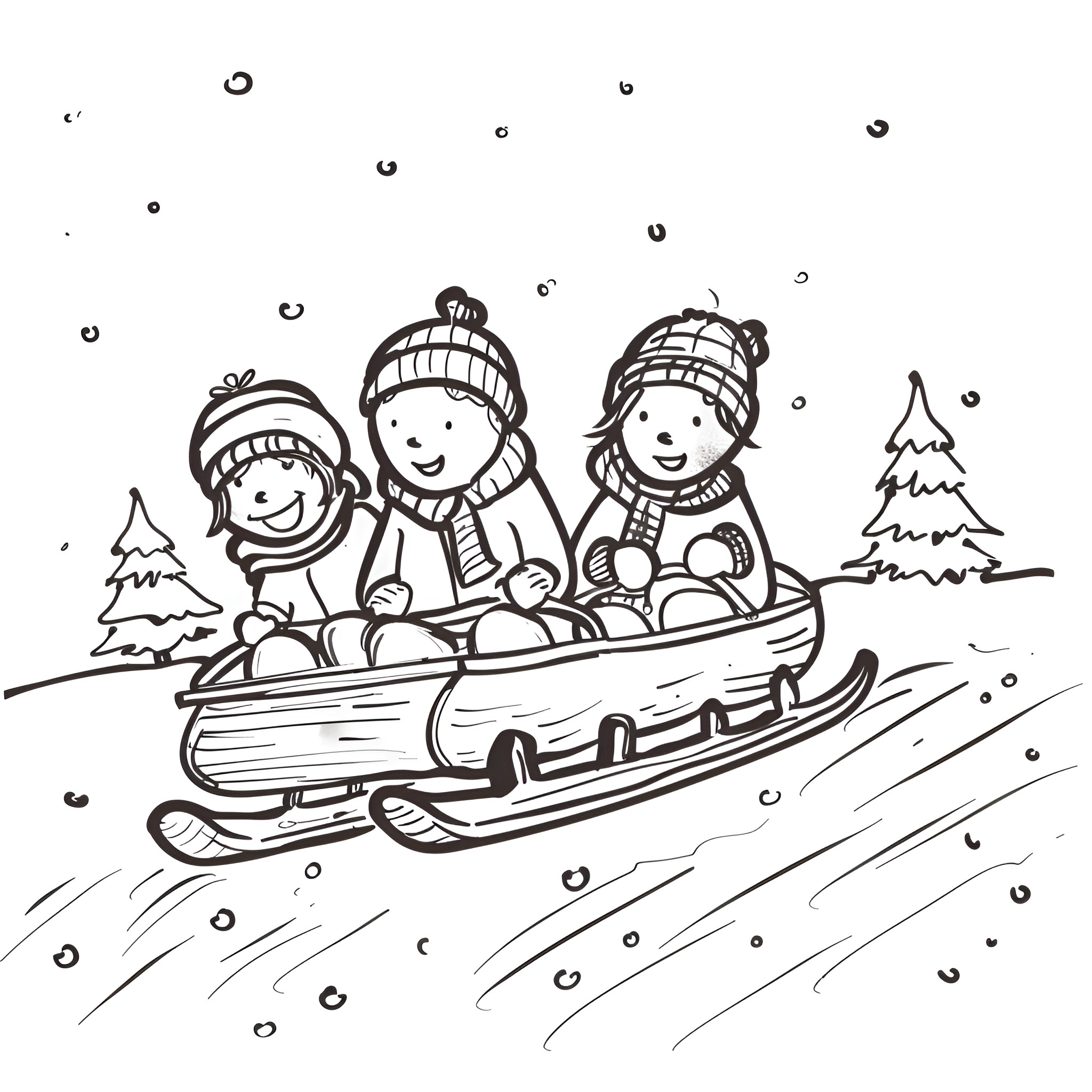 Winter fun sledding adventure Drawing Idea (free black-and-white line drawing printable PDF for all, from beginners to advanced learners, including children, teens, adults, and seniors)