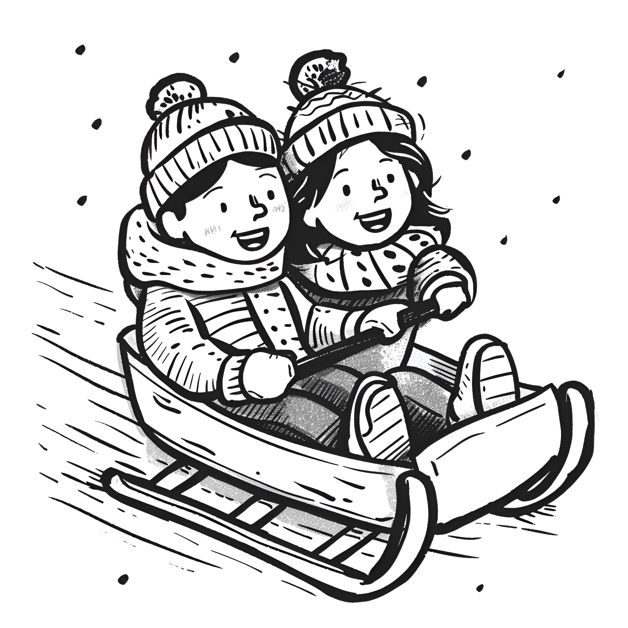 Winter Friends Sledding Down Hill Drawing Idea (free black-and-white line drawing printable PDF for all, from beginners to advanced learners, including children, teens, adults, and seniors)