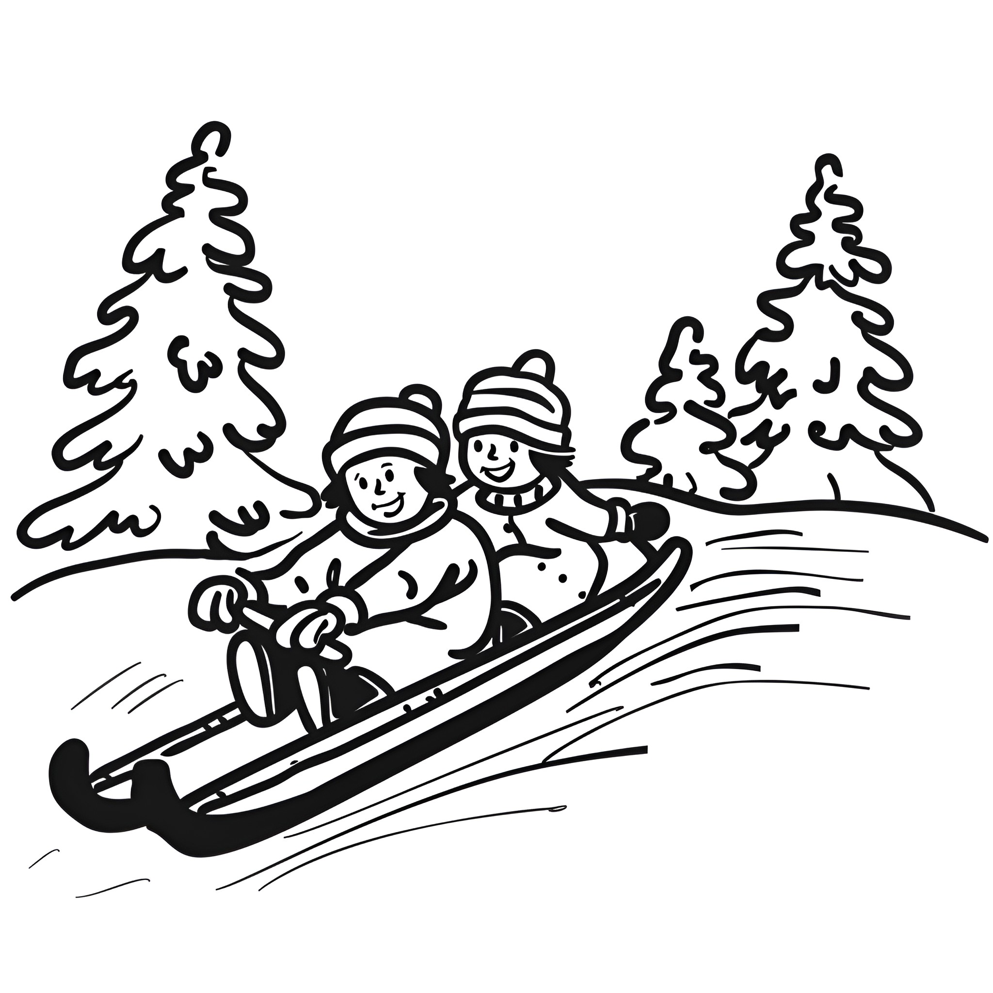 Winter friends sledding down a hill Drawing Idea (free black-and-white line drawing printable PDF for all, from beginners to advanced learners, including children, teens, adults, and seniors)