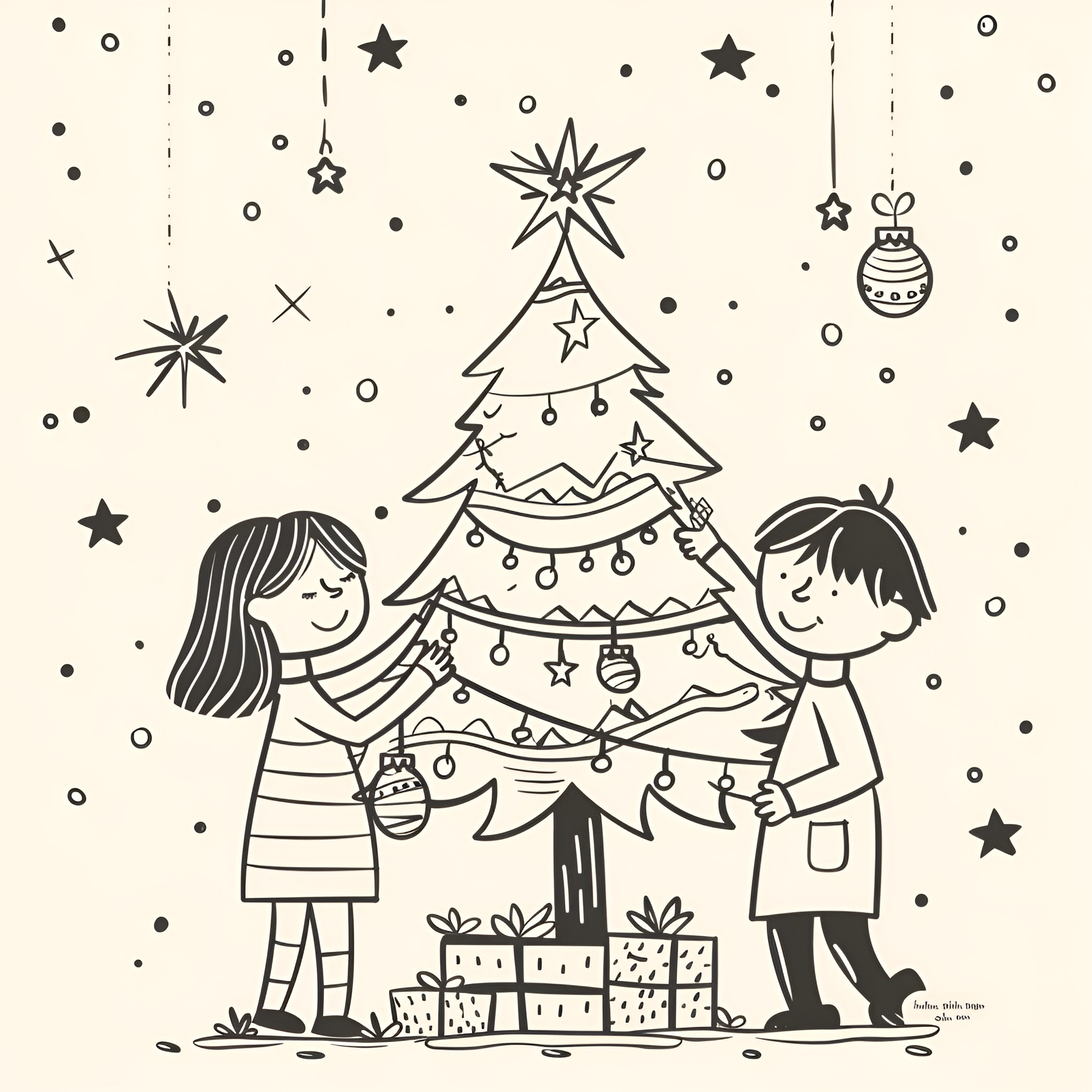 Christmas Card Decorating Tree Together Drawing Idea (free black-and-white line drawing printable PDF for all, from beginners to advanced learners, including children, teens, adults, and seniors)