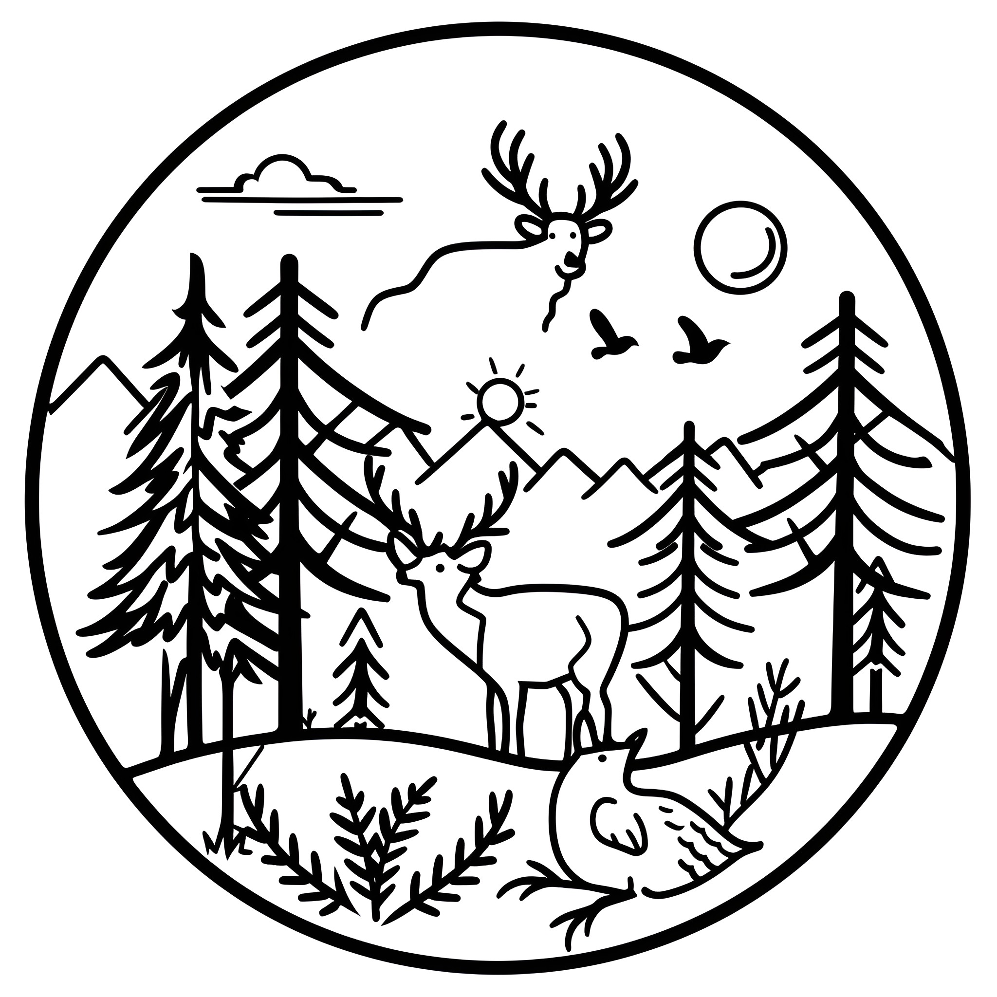 Nature's Woodland Wonders Drawing Idea (free black-and-white line drawing printable PDF for all, from beginners to advanced learners, including children, teens, adults, and seniors)